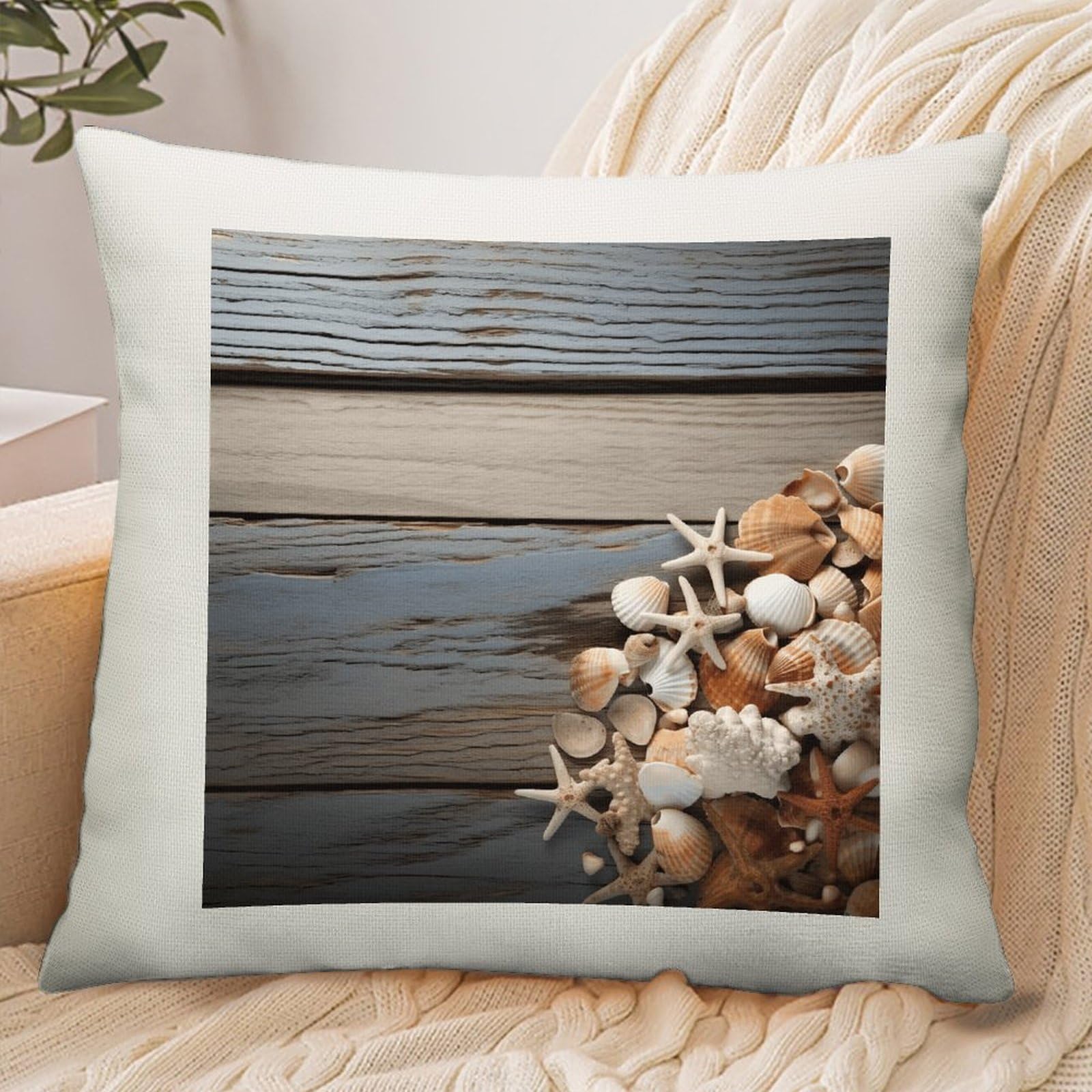 Adfgyerh Style Seashells On Wooden Board Pillow Cover Breathable,Pillowcases Boho Decorative Envelope Closure,Throw Pillow Covers For Beach,Patio,Balcony,Couch Living Room 18 * 18In