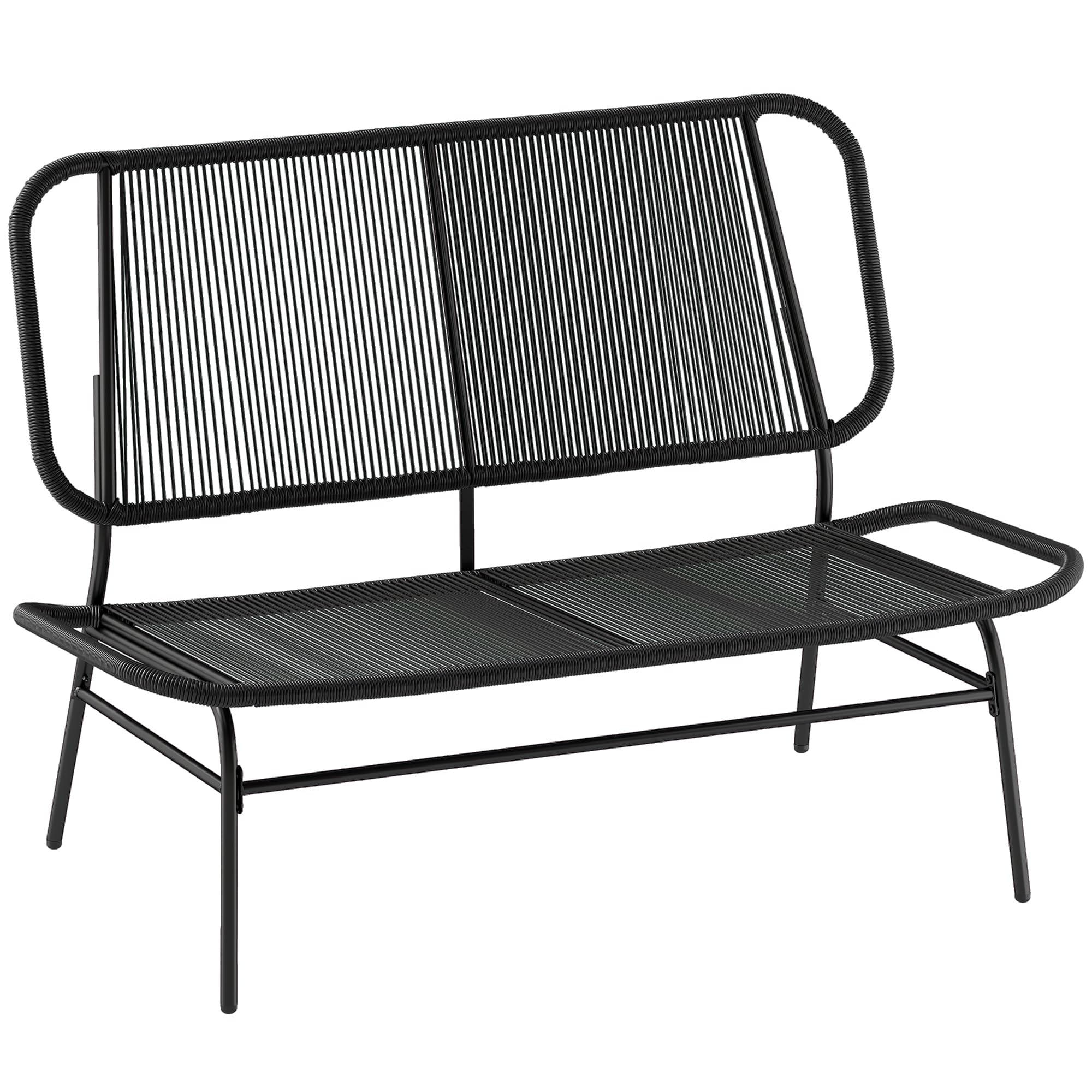 Outsunny Divano da Giardino 2 Posti in Rattan PE, Divanetto da Esterno Seduta e Schienale Intrecciati, Telaio in Acciaio, Divano da Esterno, per Terrazza e Cortile, Capacità 240 kg, Nero