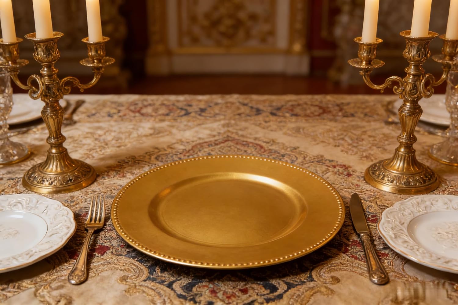 50 Pcs Elegant Plastic Beaded Charger Plates - Round Gold Wedding Party Dinner Decorative Plate Set, Durable for Halloween Christmas Birthday Decor Gold