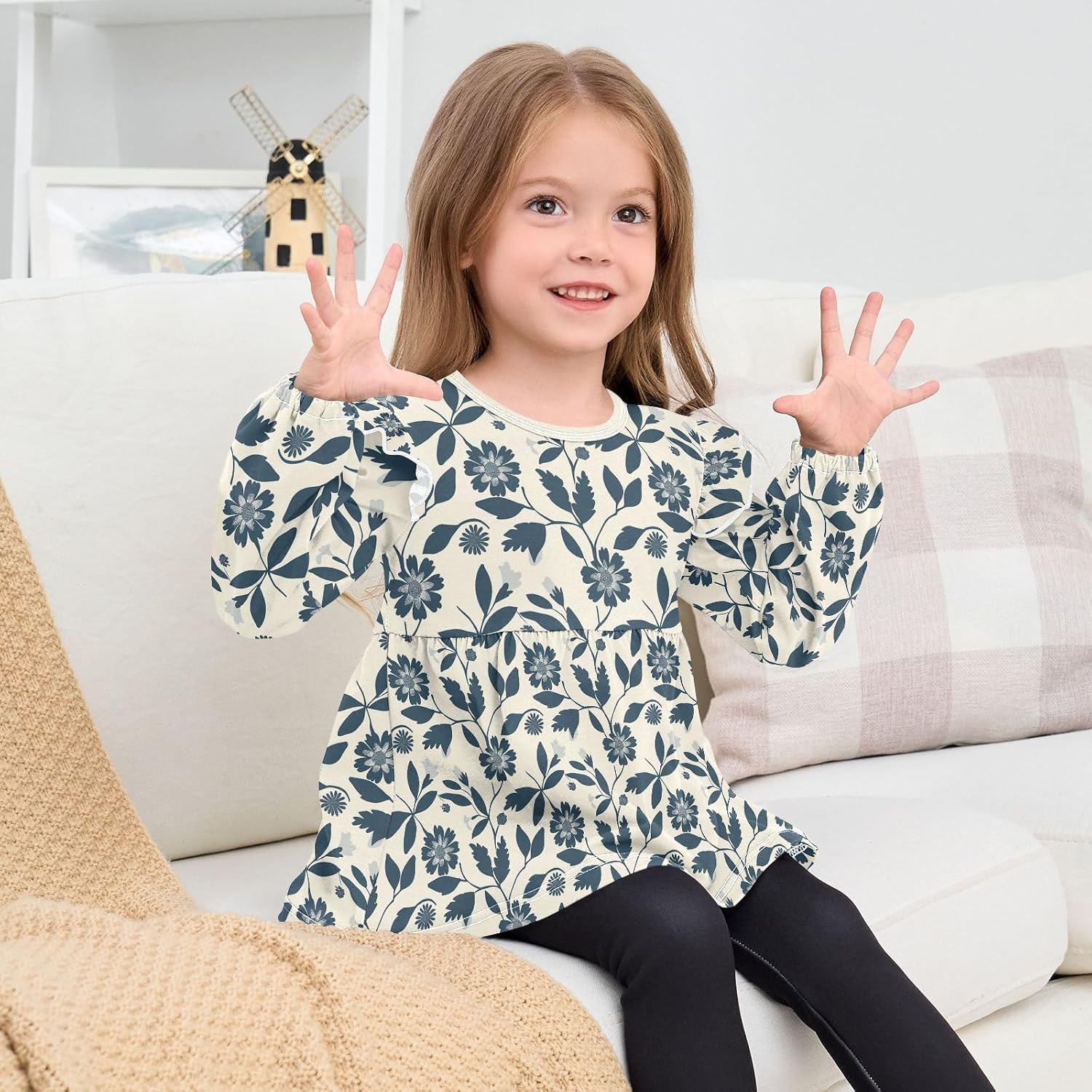 visesunny Toddler Clothes for Girls Beige Vintage Cobalt Crushed Long Sleeve Fall Shirts Cotton Top with Ruffle Collar