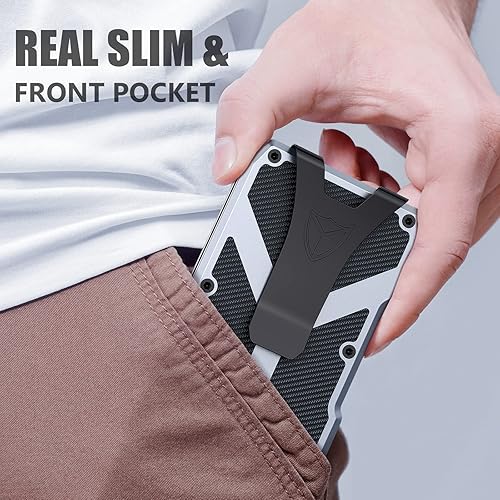 Miniatura 4 de DONWORD Minimalist Wallet for Men RFID Blocking Aluminum Wallet Carbon Fiber Card Case Metal Wallet Minimalist Front Pocket Card Holder Cash Strap