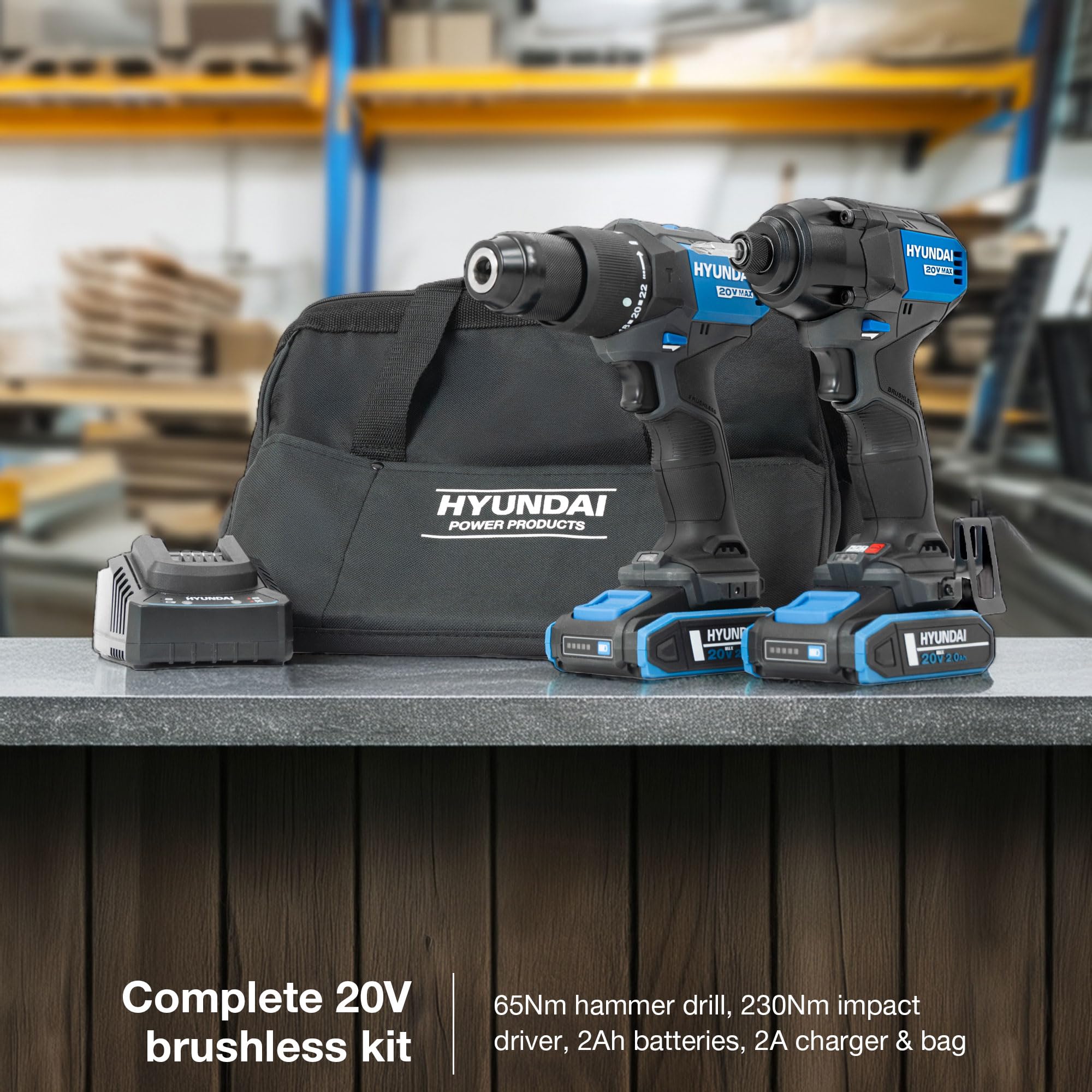 Hyundai Juego de taladro inalámbrico de 20 V, taladro de martillo de 60 Nm y destornillador de impacto de 230 Nm, kit sin escobillas con 2 baterías de 2.0 Ah, cargador de 2 A