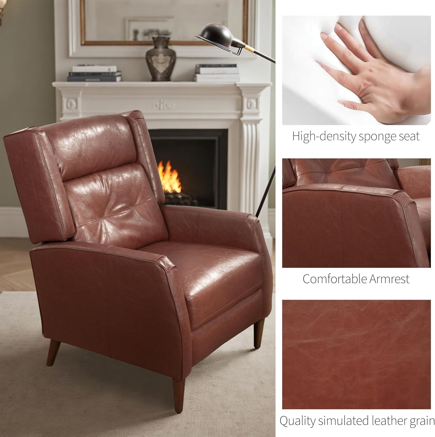Art Leon Mid Century Modern Accent Chair - Faux Leather Armchair with Ottoman Modular Single Sofa Adjust The Seatback Chair Comfy Lounge Side Chair for Bedroom Living Room, Brown