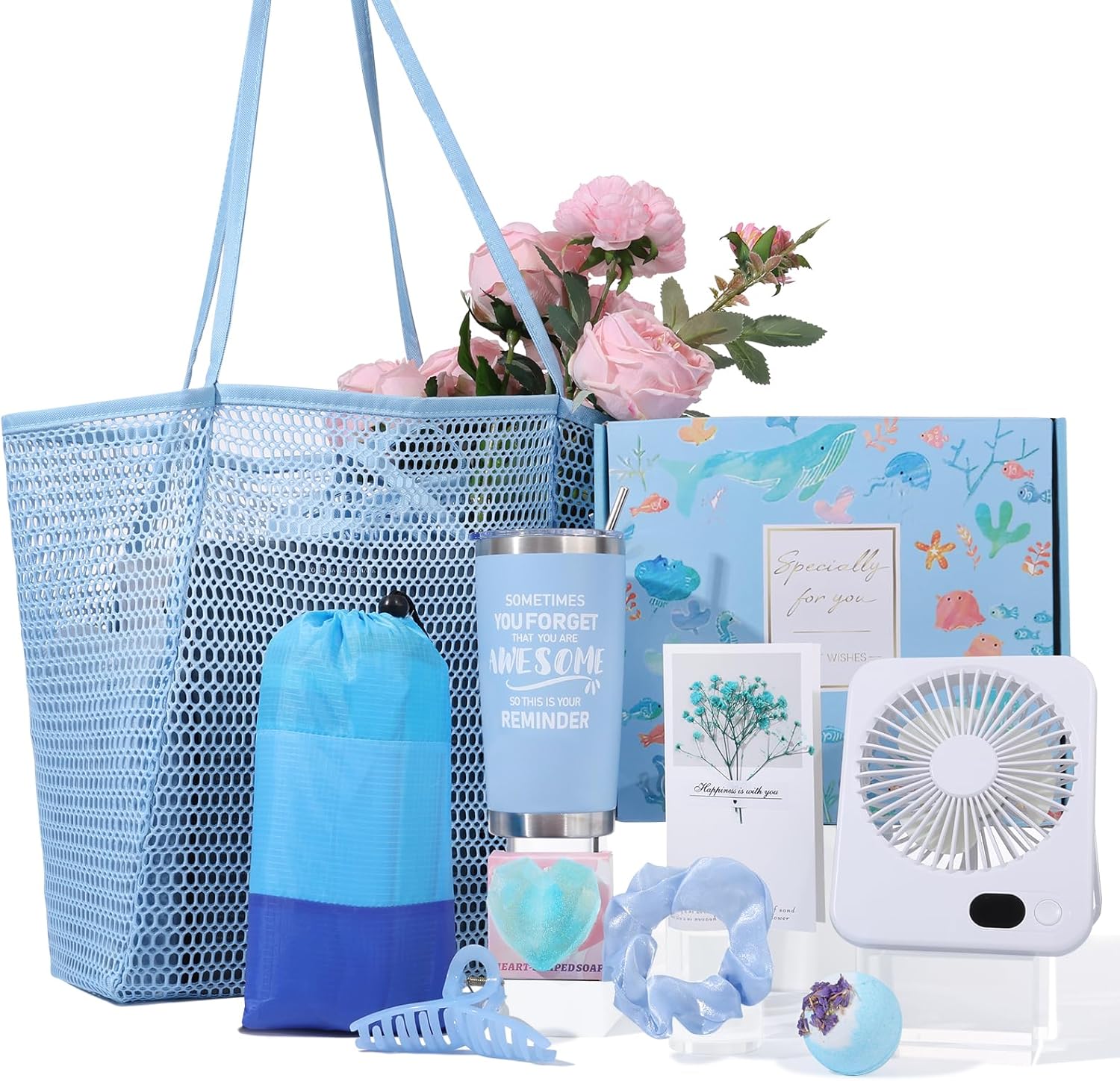 Beferr Valentines Day Beach Gifts Basket for Women, 79" X 83" Beach Blanket Waterproof Sandproof, Beach Mesh Tote Bags, Birthday Valentine's Day Gift Baskets for Her Wife Mom Sister Grandma Friend