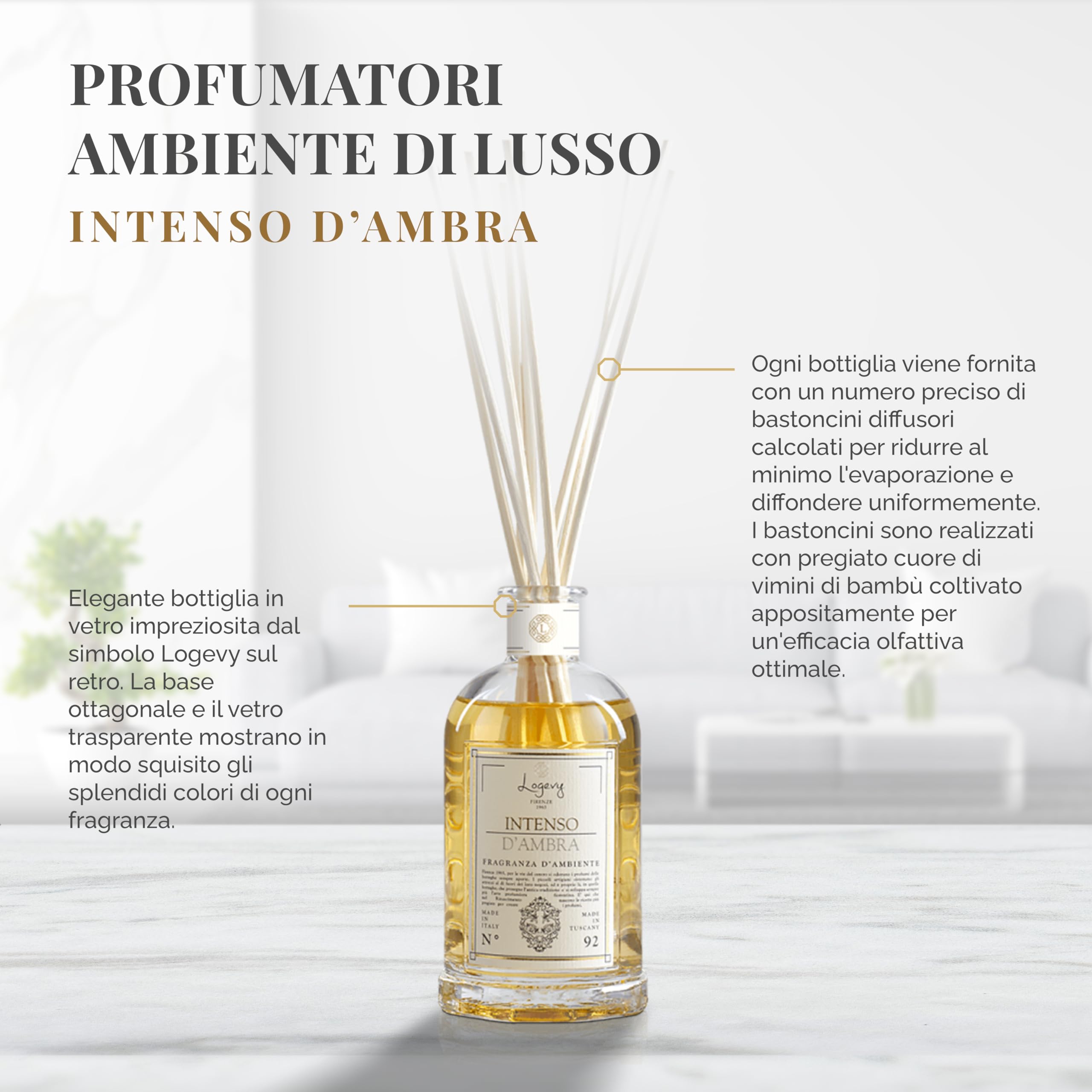 LOGEVY - Profumatore per Ambienti per il Benessere della Persona e della Casa - Intenso d'Ambra (500 ml NEW 2022)