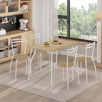 Comprar FURNITABLE Juego de Mesa de Comedor Rectangular de 5 Piezas, con 4 Sillas de Madera, para Cocina, Salón, para Ahorrar Espacio, Haya + Blanco
