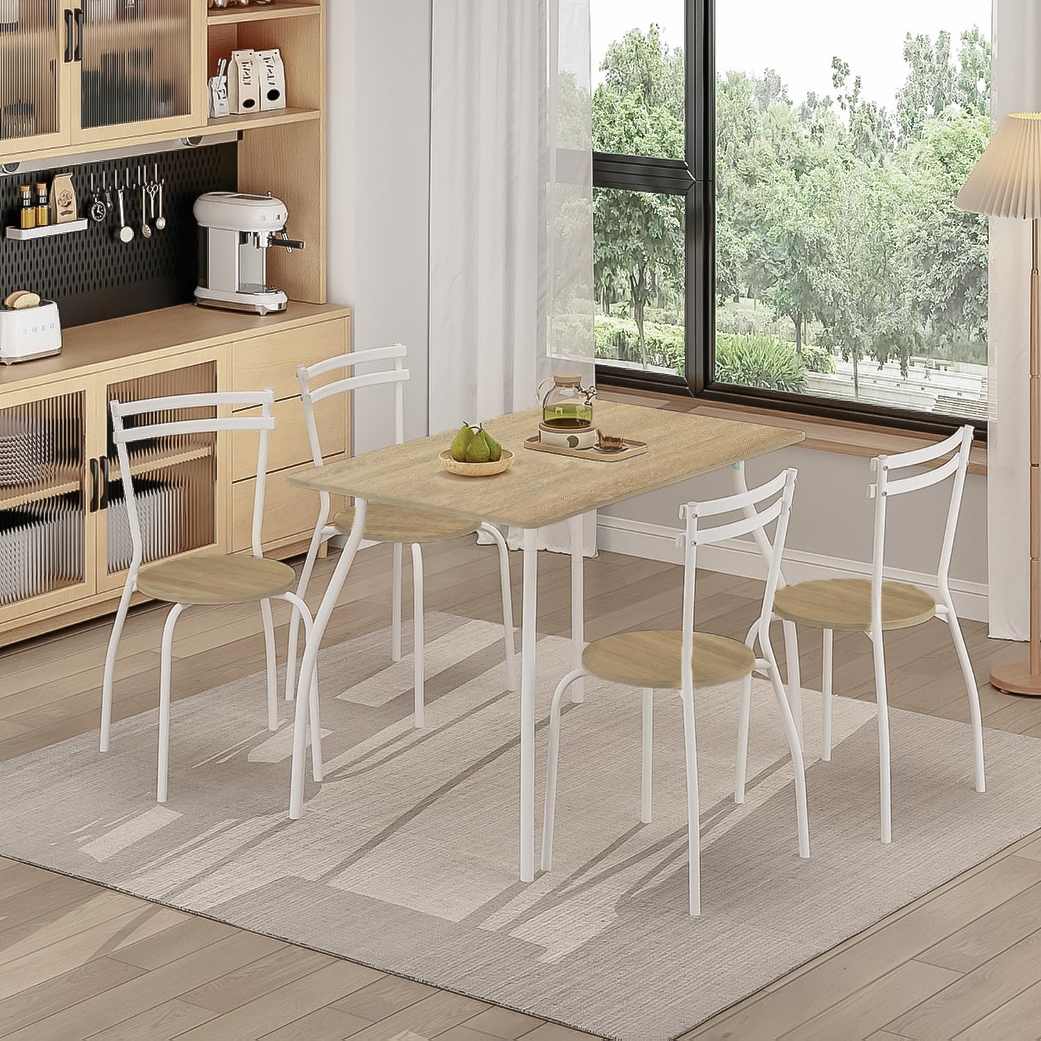 FURNITABLE Juego de Mesa de Comedor Rectangular de 5 Piezas, con 4 Sillas de Madera, para Cocina, Salón, para Ahorrar Espacio, Haya + Blanco