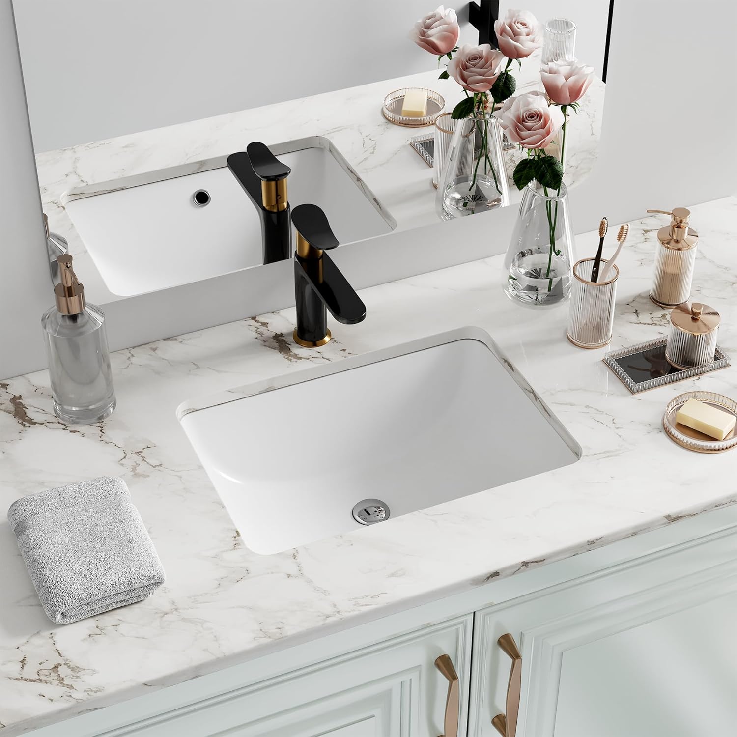 Undermount Bathroom Sink Rectangle, Hugsleek Interior Bowl Size 16 x 11 inch White Porcelain Ceramic Vessel Sink Under Counter Exterior Size 18x13in Rectangular Bath Sink Basin Lavatory Fireclay 16"x 11-1/5" White Undermount