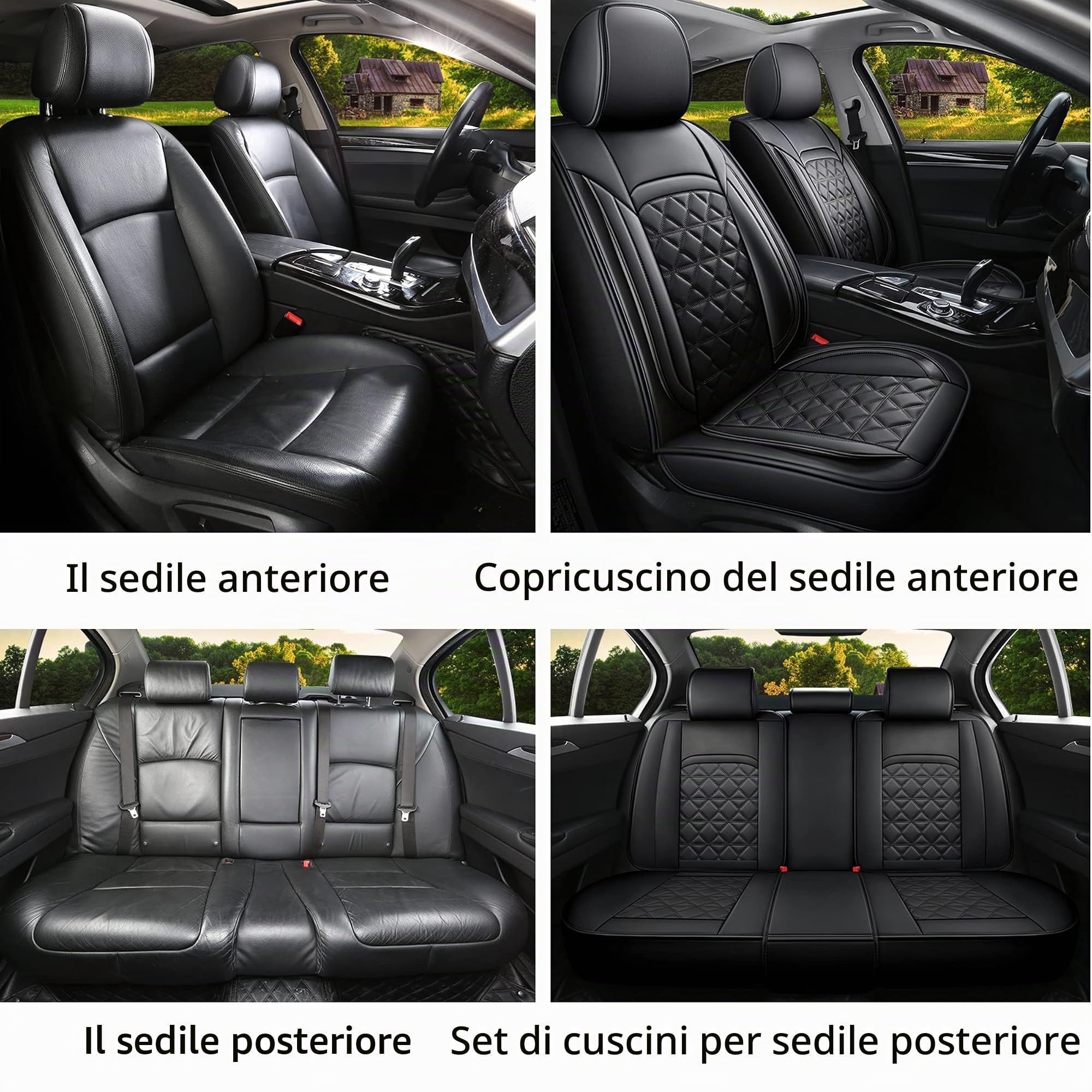 Coprisedili Auto In Pelle Set Completo, Coprisedili Auto In Pelle Universale,Coprisedili Auto Per La Maggior Parte Delle Berline, Suv (Set Di 5 Pezzi) (Nero, Set Completo)