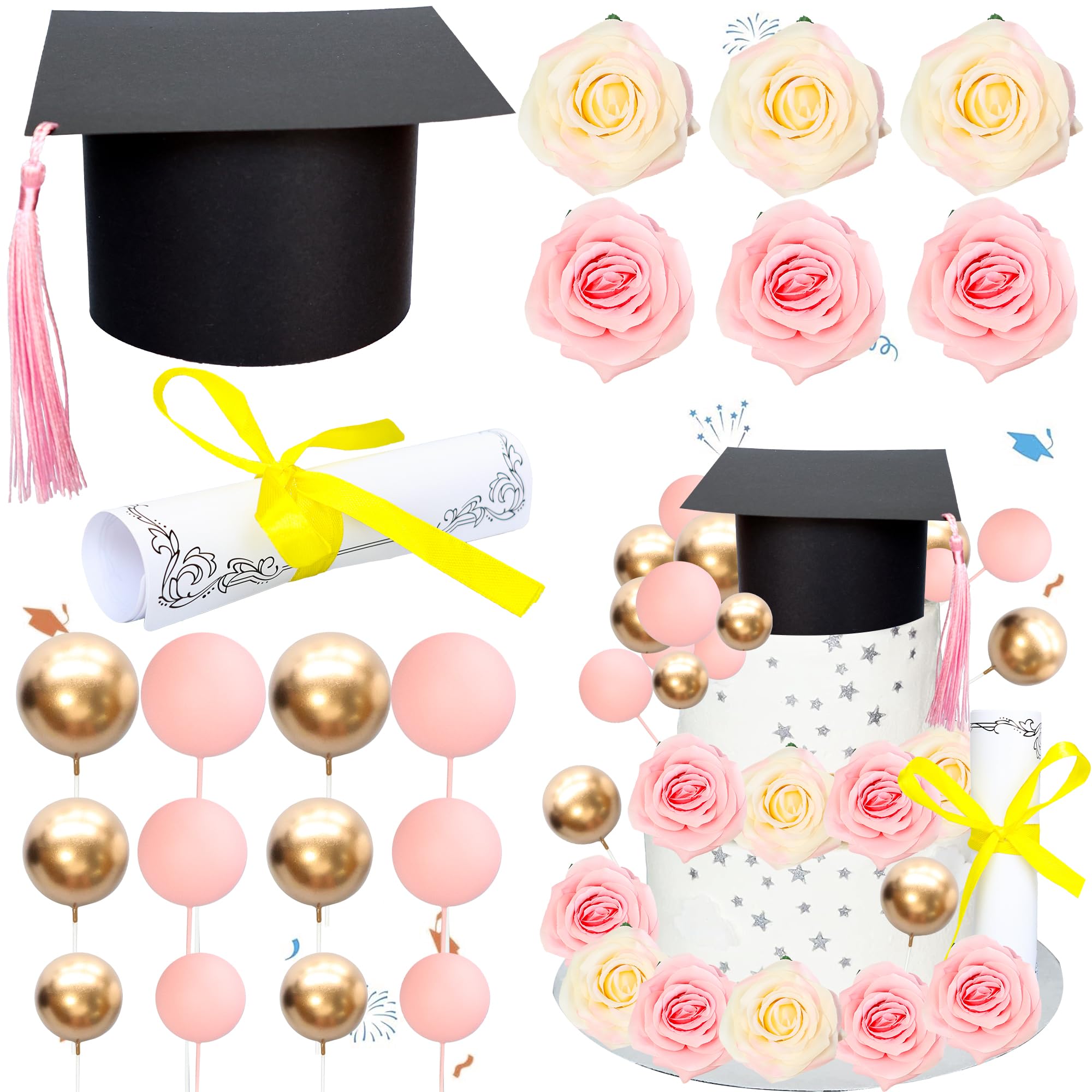 Gyufise 40Pcs 2026 Graduation Cake Topper Decoration Diploma Done Diploma Grad Cap Cake Pick Balloon Flower Prom 2026 Cake Decorations for Class of 2026 Congrats Grad Party Supplies Gold Pink - Image 2