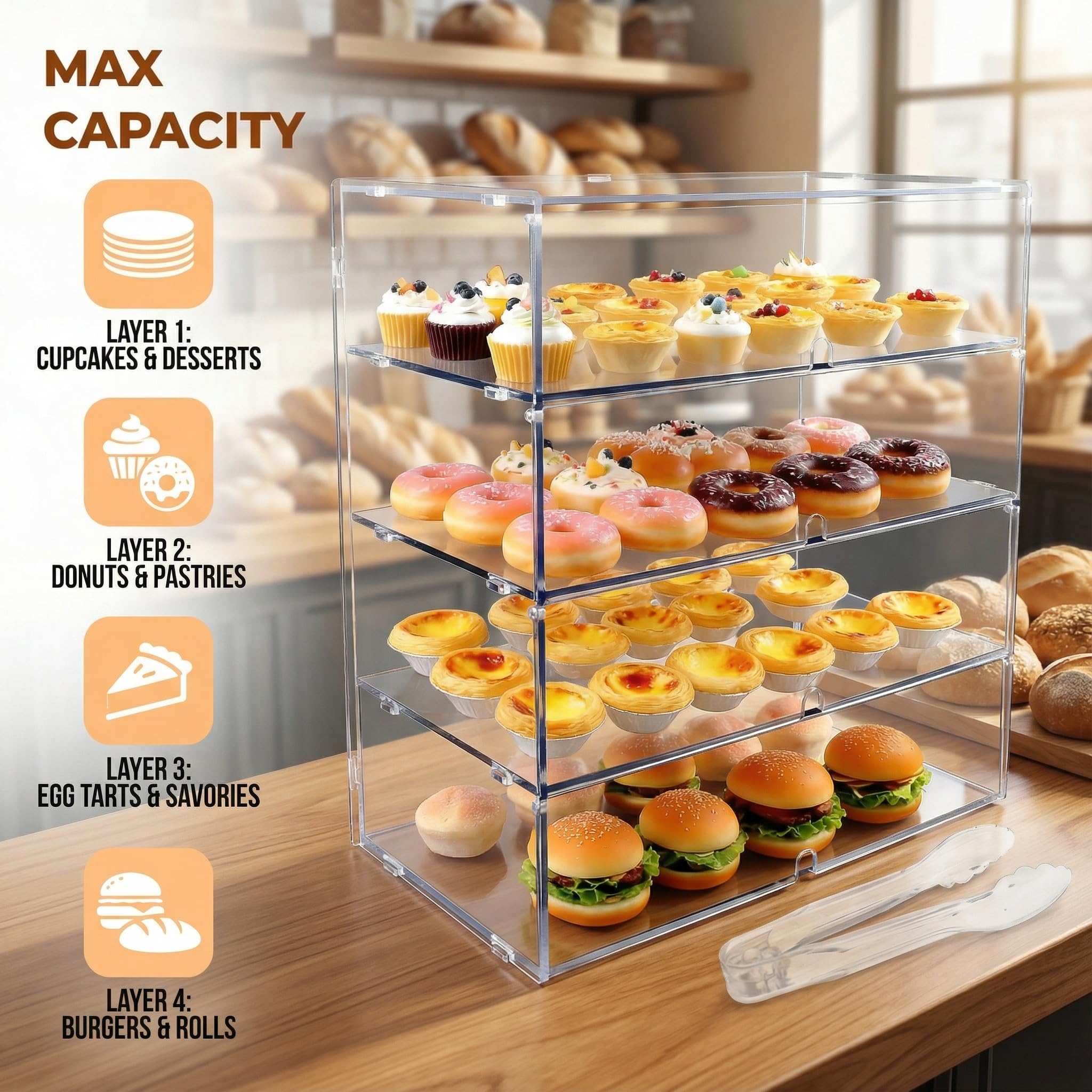 Espositore trasparente a 4 ripiani per pasticceria, vetrina per pasticceria, 49,5 x 52 x 26 cm, per feste, dessert, torte e pane, 5 mm, pannello PETG ad alto impatto