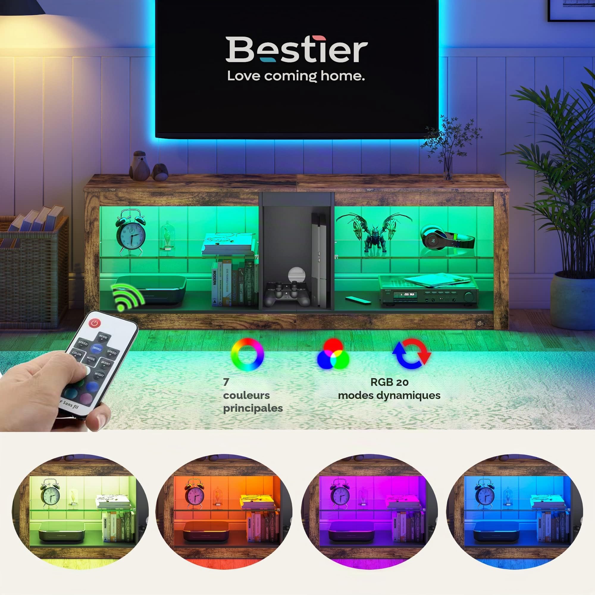 Bestier Meuble TV 140 cm Meuble TV Moderne avec Étagère en Verre Éclairage LED RVB pour Téléviseurs 65" Unité de Divertissement TV avec Lumières d'Ambiance pour Salon Chambre