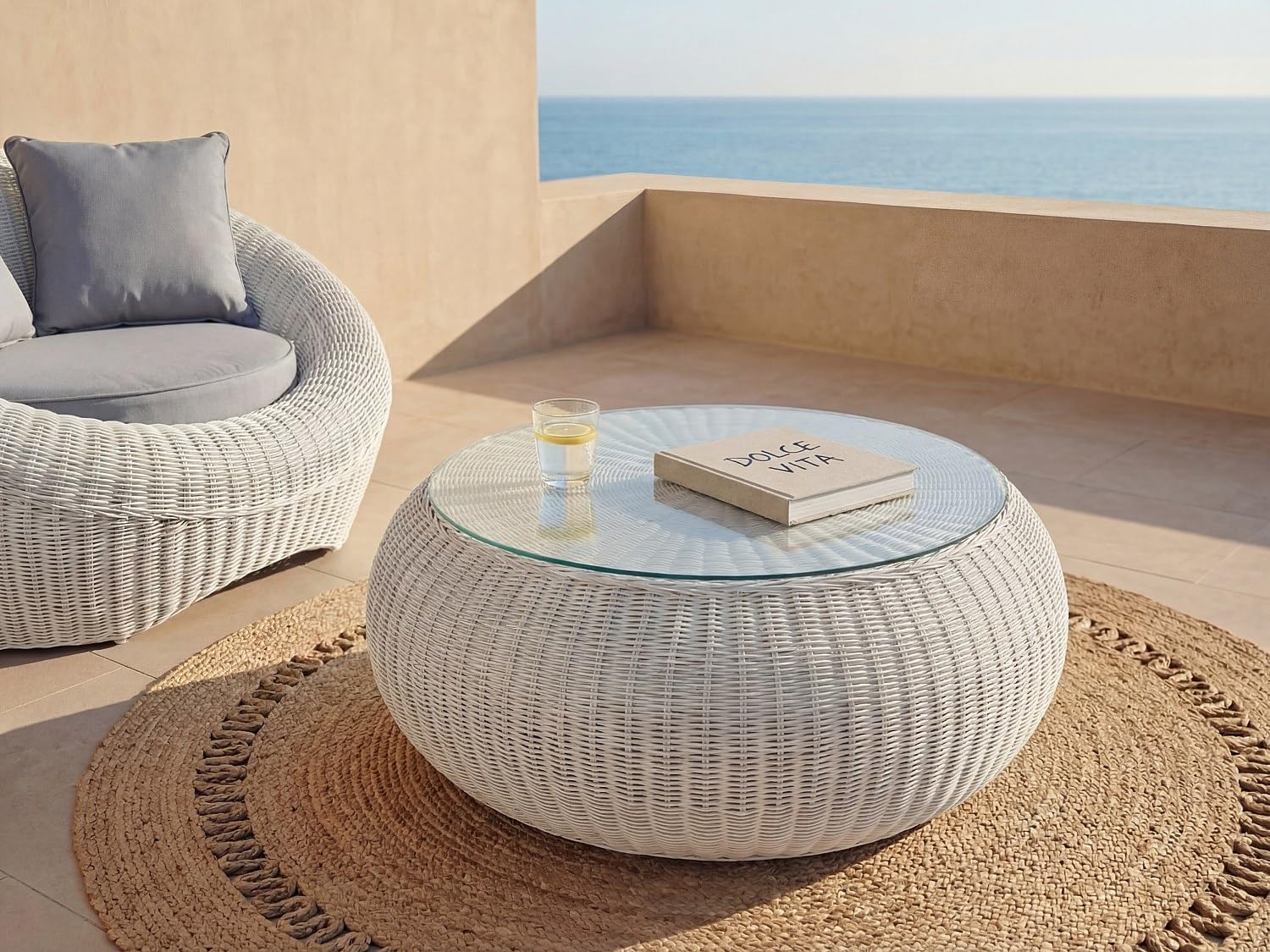 Vente-unique Tavolino da giardino in resina intrecciata Ecrù - WHITEHEAVEN
