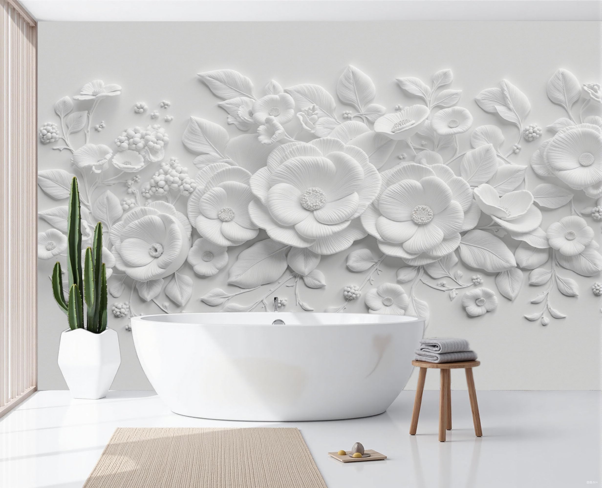 Fototapete Vlies Tapete 3D Effekt Fototapeten Einfarbiges Blumenrelief Vliestapete Einfache Pflanzen Tapeten Weiß Moderne Wandtapete, Wohnzimmer, Tv Hintergrund Deko, 300X210Cm (B×H)