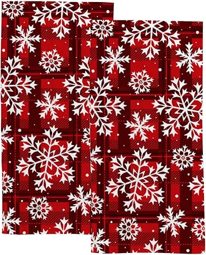 TsingZa Juego de 2 toallas de cocina de mano a cuadros de búfalo rojo y negro, con copos de nieve, toallas para baño, microfibra suave y absorbente,