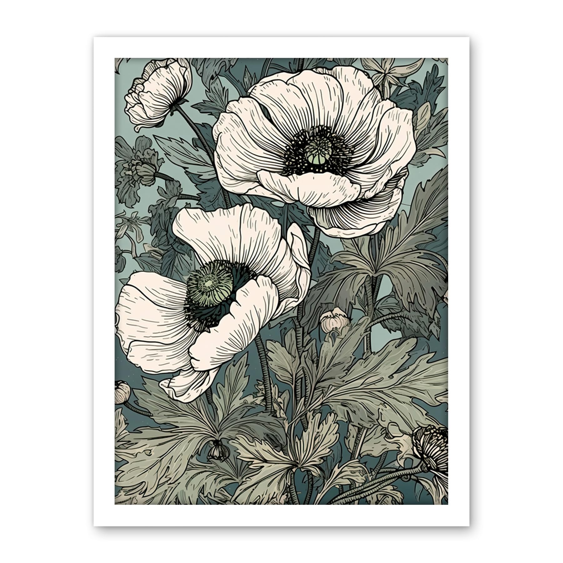 Artery8 Pastel Colour White Anemone Flower Bloom Field Artwork Framed Wall Art Print 18X24 Inch
