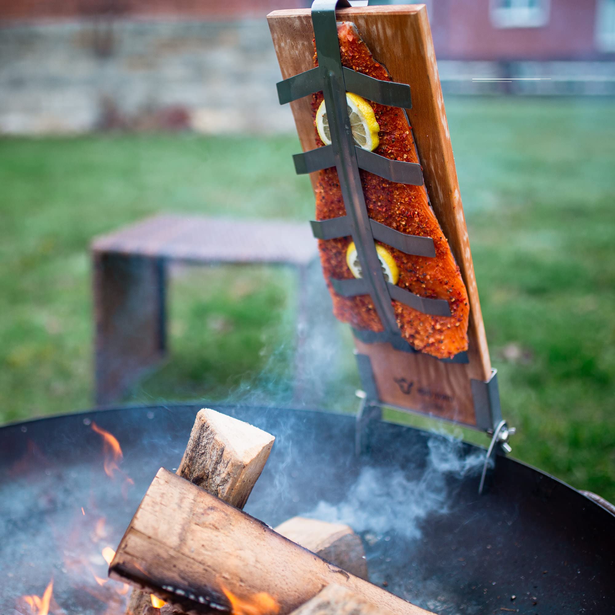 BBQ-TORO Ahumadores de Salmón | Tabla de Salmón Flameado de Madera de Haya con Soporte en Acero Inoxidable | Ahumador de Salmón para Braseros, Cuenco de Fuego, Parrillas, Barbacoa, etc.