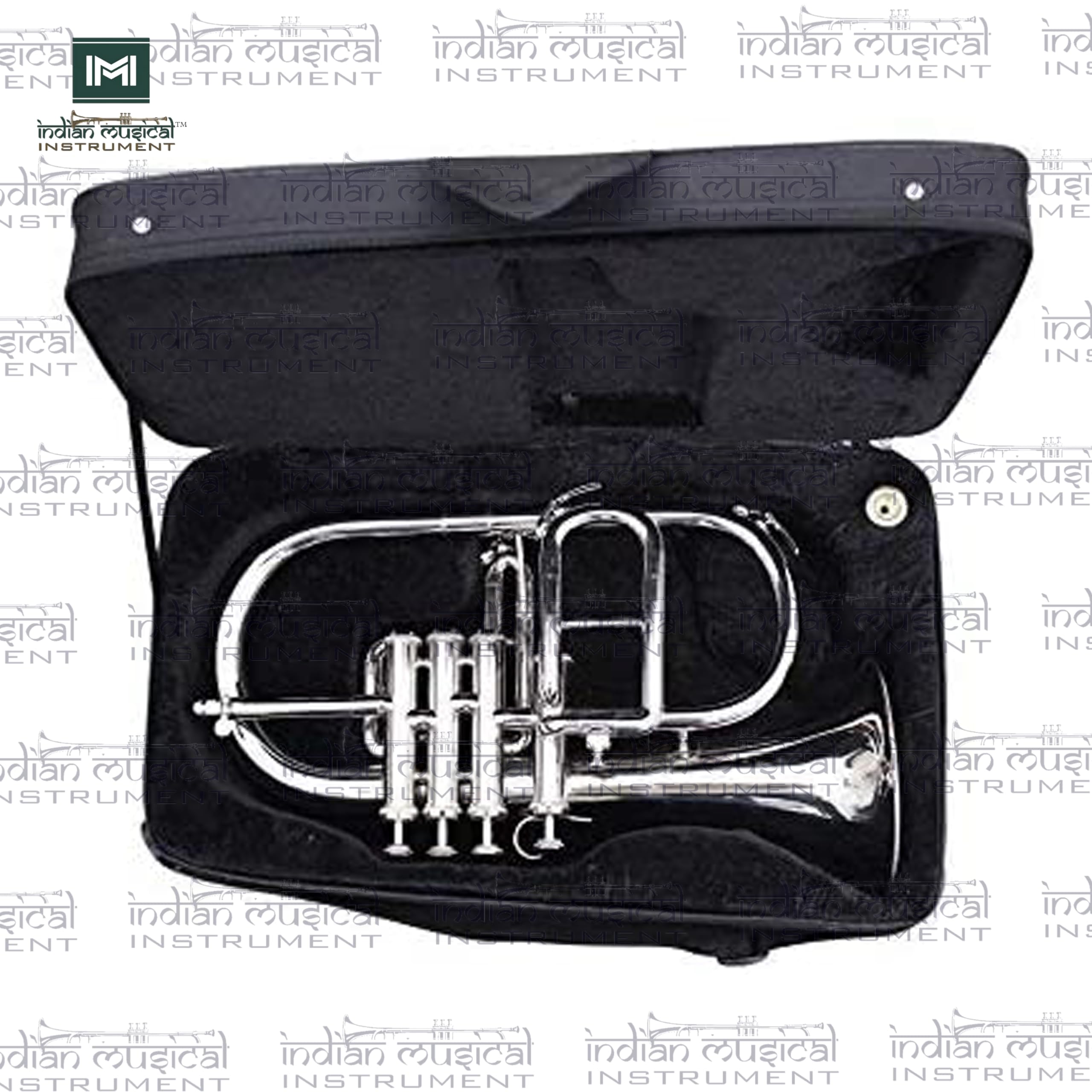 Bocina de flúgel de instrumento musical indio, 4 válvulas, paso Bb de latón de alta calidad con funda rígida y boquilla (plateado)