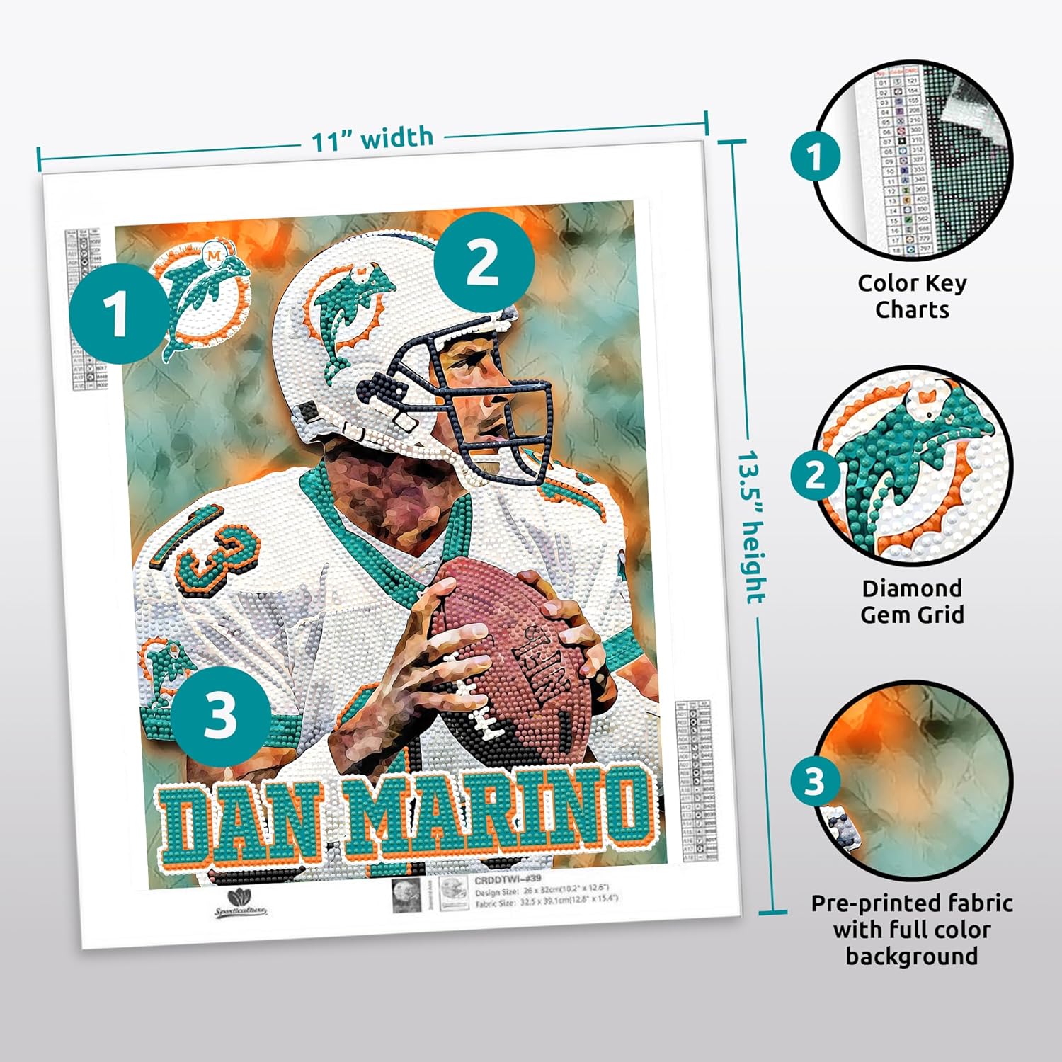 Sporticulture NFL Retired Players Miami Dolphins - Dan Marino Diamond Painting Craft Kit – Officially Licensed DIY Fan Art Includes Pre-Sorted Gems, Craft Tray with Instructions