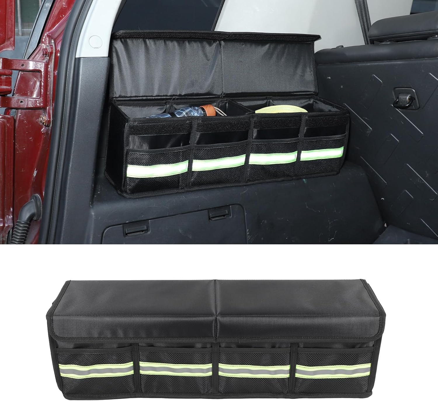 Car Trunk Organizer Compatible with Toyota FJ Cruiser 2007-2021 Rear Storage Bag with Lid Multi-Compartment Pockets with Hook & Loop Tapes, Hanging Loops, Black
