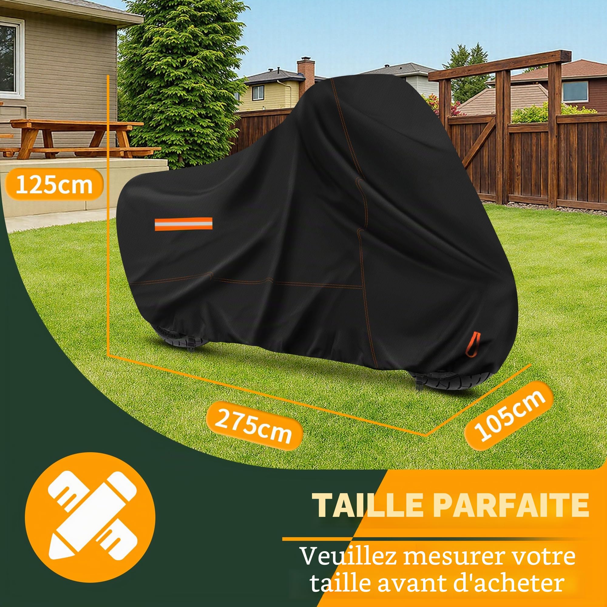 Enzeno Housse Moto Exterieur Impermeable,Bache Moto Interieur 210D Protection au Pluie Poussière UV Hiver Été,Couverture pour Scooter Mobylette Street/Aventure/Cruiser/Touring - 275x105x125cm