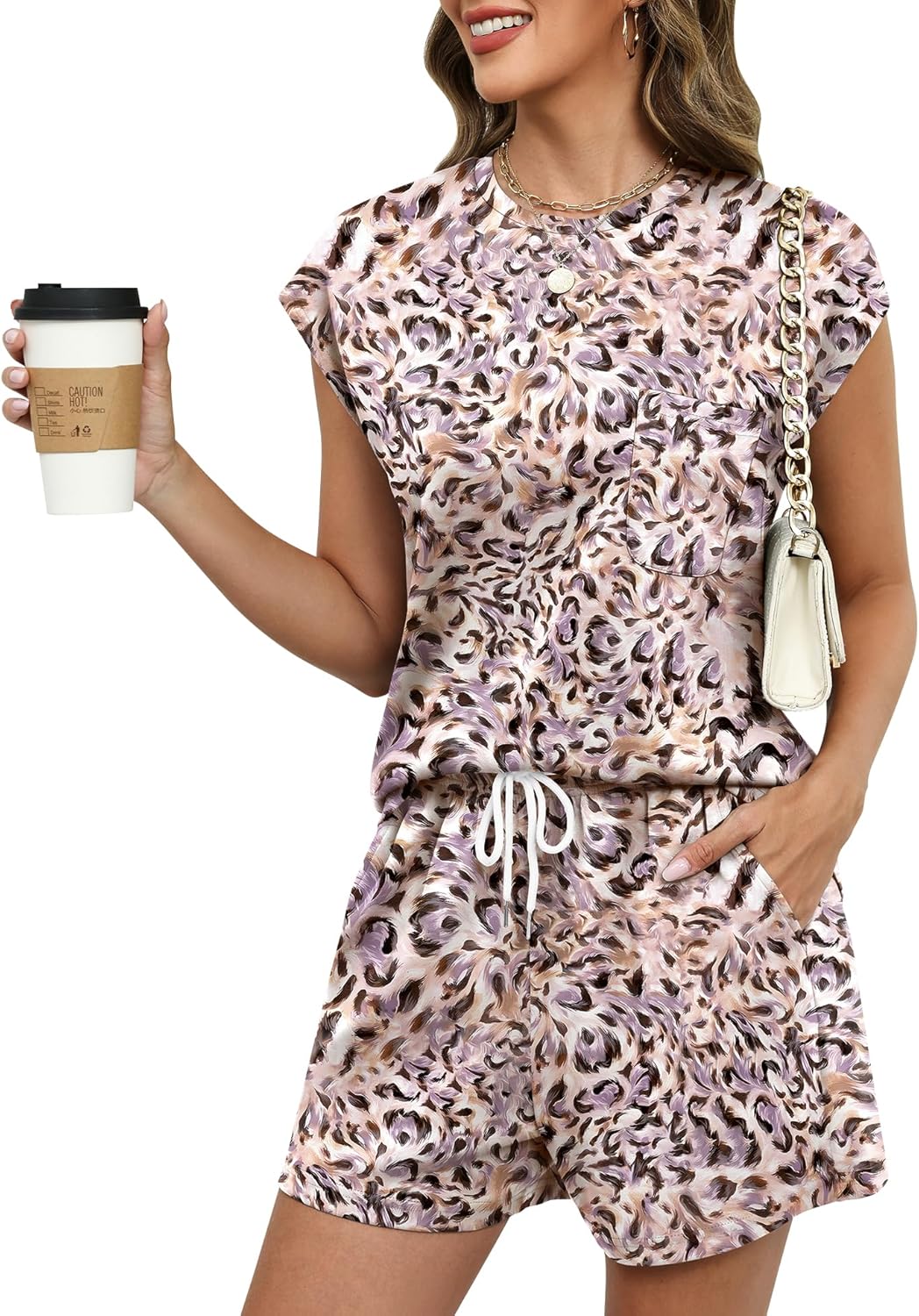 LOMON Two Piece Shorts Sets for Women Vacation Trendy Lounge Sets Crew Neck Matching Sets Cap Sleeve Airport Suits