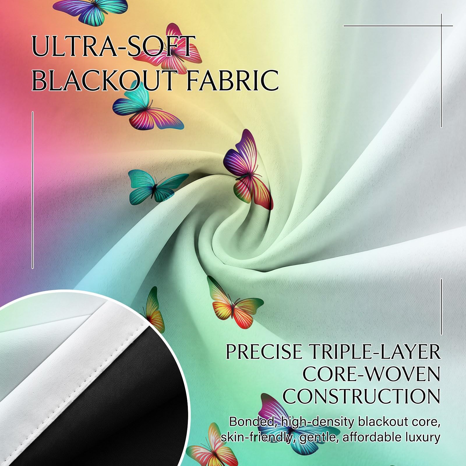 Générique Rideau Dégradé Arc en Ciel, 100% Occultant Thermique Oeillets Lot de 2 140Lx180H cm, Rideaux Aquarelle Papillon Chambre Fille Occultant et Réduction du Bruit Thermique pour Salon et Chambre