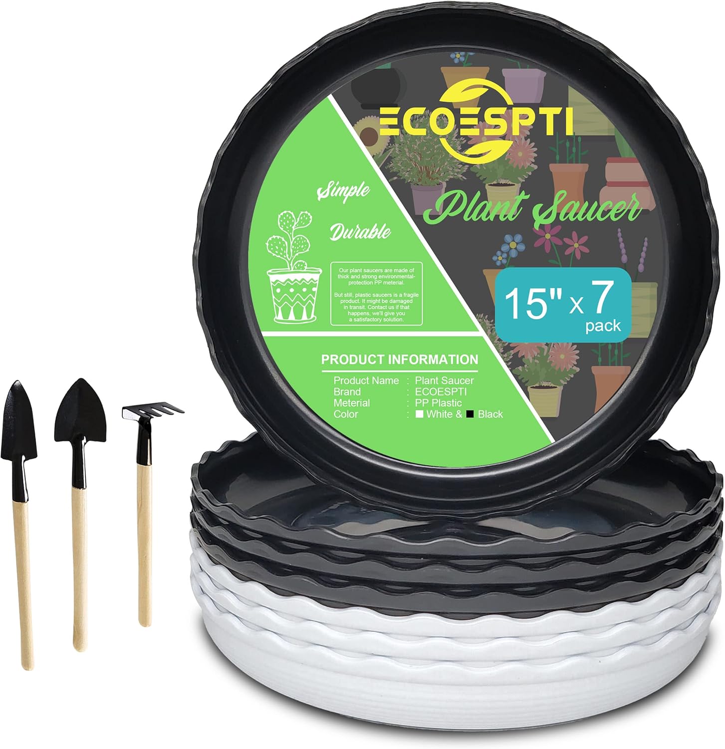 Plant Saucer, 7 Pack 8 10 12 14 15 Inch Durable Plastic Plant Trays for Pots, White & Black Round Plant Pot Saucers, Drip Tray for Indoor and Outdoor Garden (15", for 12 13 Inch Pot)