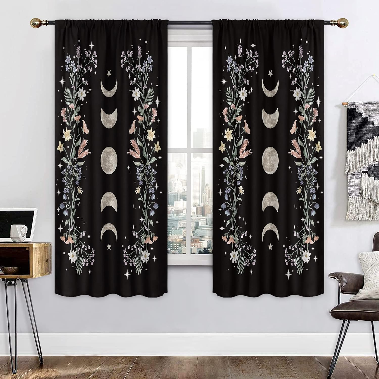 Boho Floral Curtains Black Flower Wildflower 42W x 63H Inch Rod Pocket Moon Phase Moonlit Garden Witchy Gothic Aesthetic Spring Nature 2 Panel Window Treatment Set for Bedroom Living Room Decor