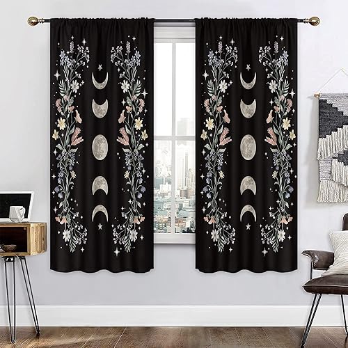 Miniatura 9 de Cortinas de cocina con fase lunar - Boho brujería floral negra corta para ventana, tratamiento estético de flores silvestres primaveral, bolsillo