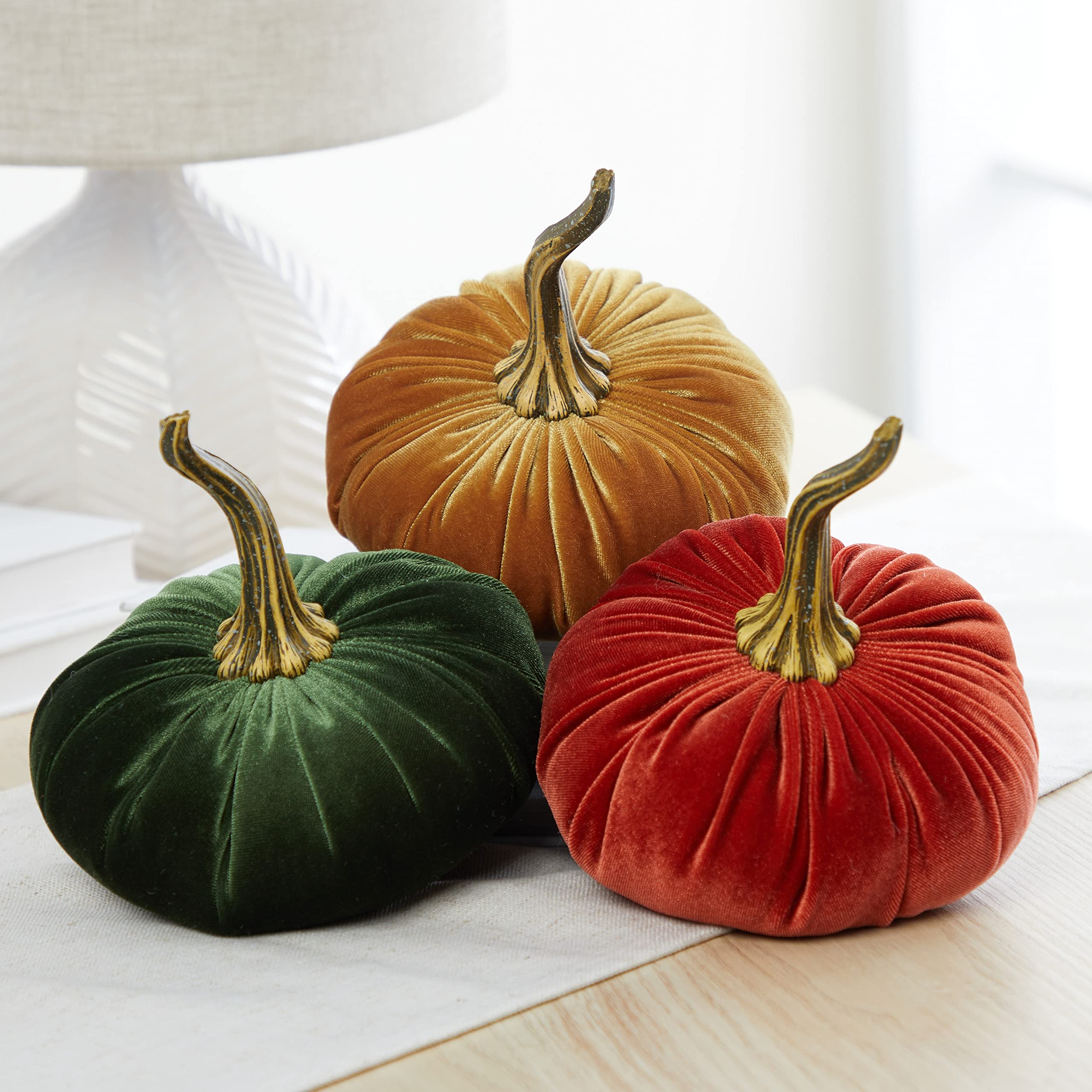 Set of 3 Velvet 6.25 Inch Pumpkins, orange pumpkin decor, Thanksgiving centerpiece, hygge home, elegant bookshelf accent, Halloween indoor decor, tiered tray accent for kitchen (Rust, Gold, Olive)