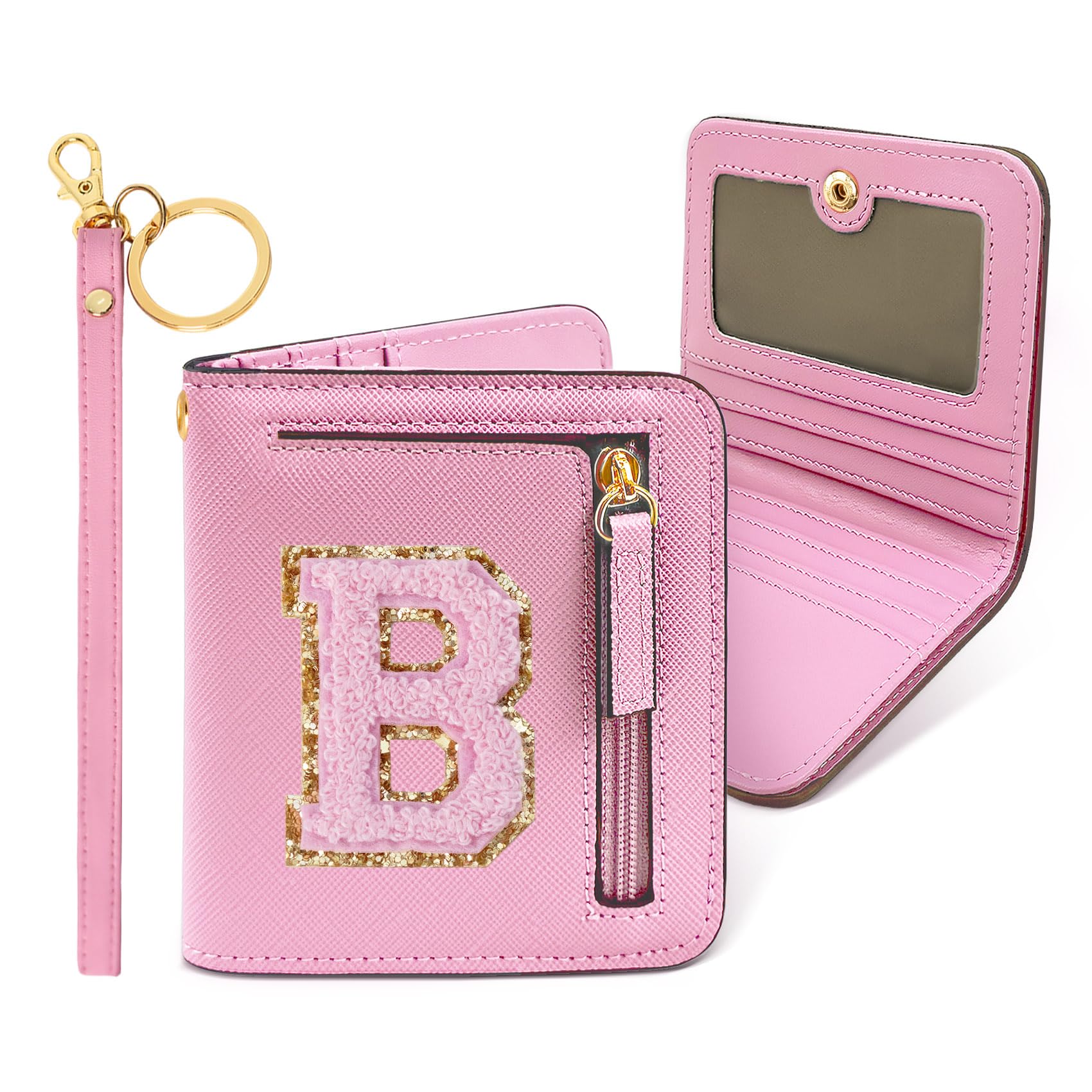 COSHAYSOO Trendy Christmas Birthday Party Favor Gifts Initial Wallets for Girls Teens Women Big Sister Dance Recital Performance Cheer Cheerleader Team Gifts Chenille Letter B Pink