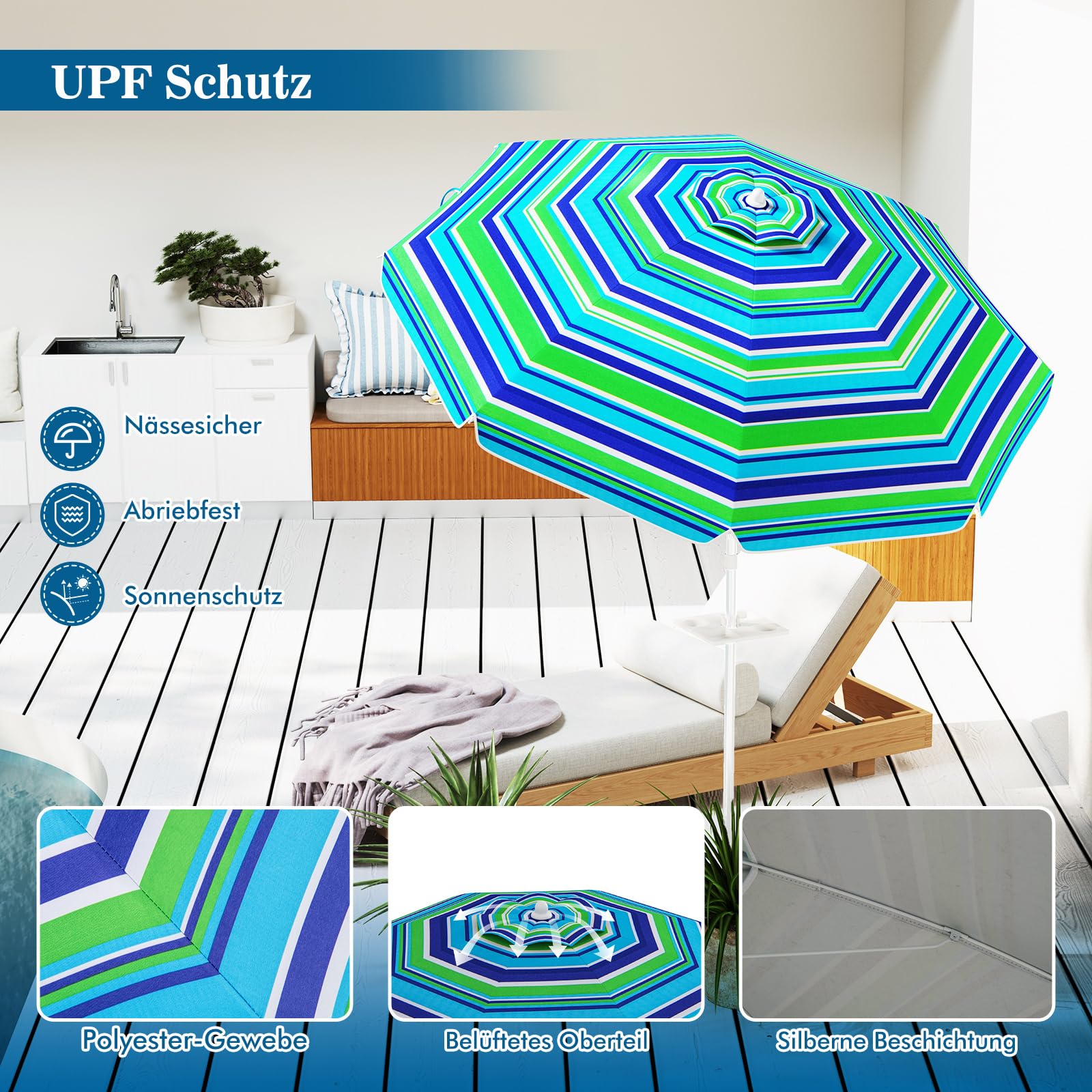 COSTWAY Parasol przeciwsłoneczny, 182 cm, odporny na wiatr, stabilny, UPF 50+, możliwość zginania w zakresie 30°, ochrona przed słońcem z ostrzem do wbijania w ziemię i torbą do przenoszenia, parasol