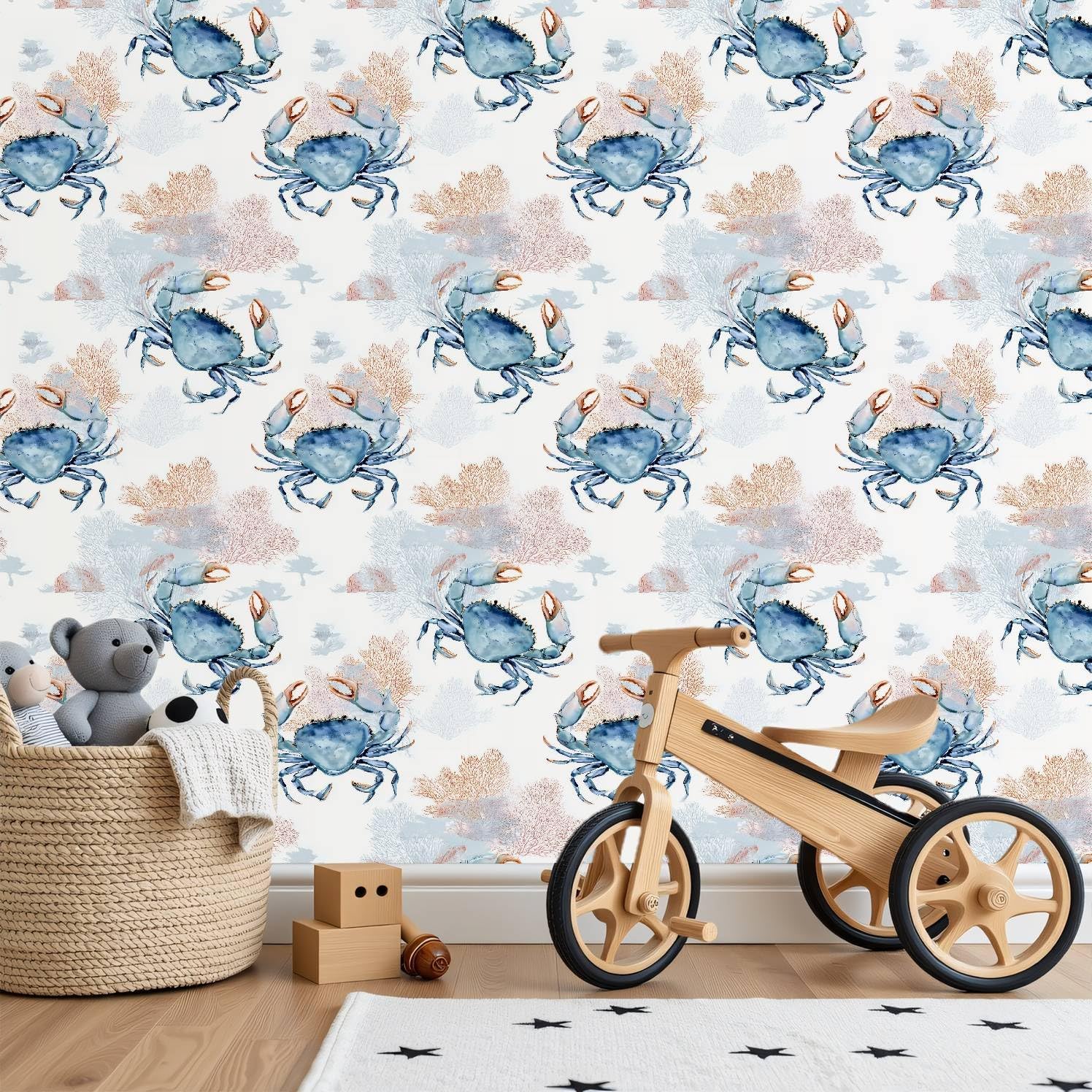 Peel and Stick Wallpaper Self Adhesive Wall Mural Pattern sea Blue Crabs Corals Watercolor Hand Nautical Style Contact Paper Renter Friendly Wallpaper for Kitchen Nursery Bedroom 24"x118"