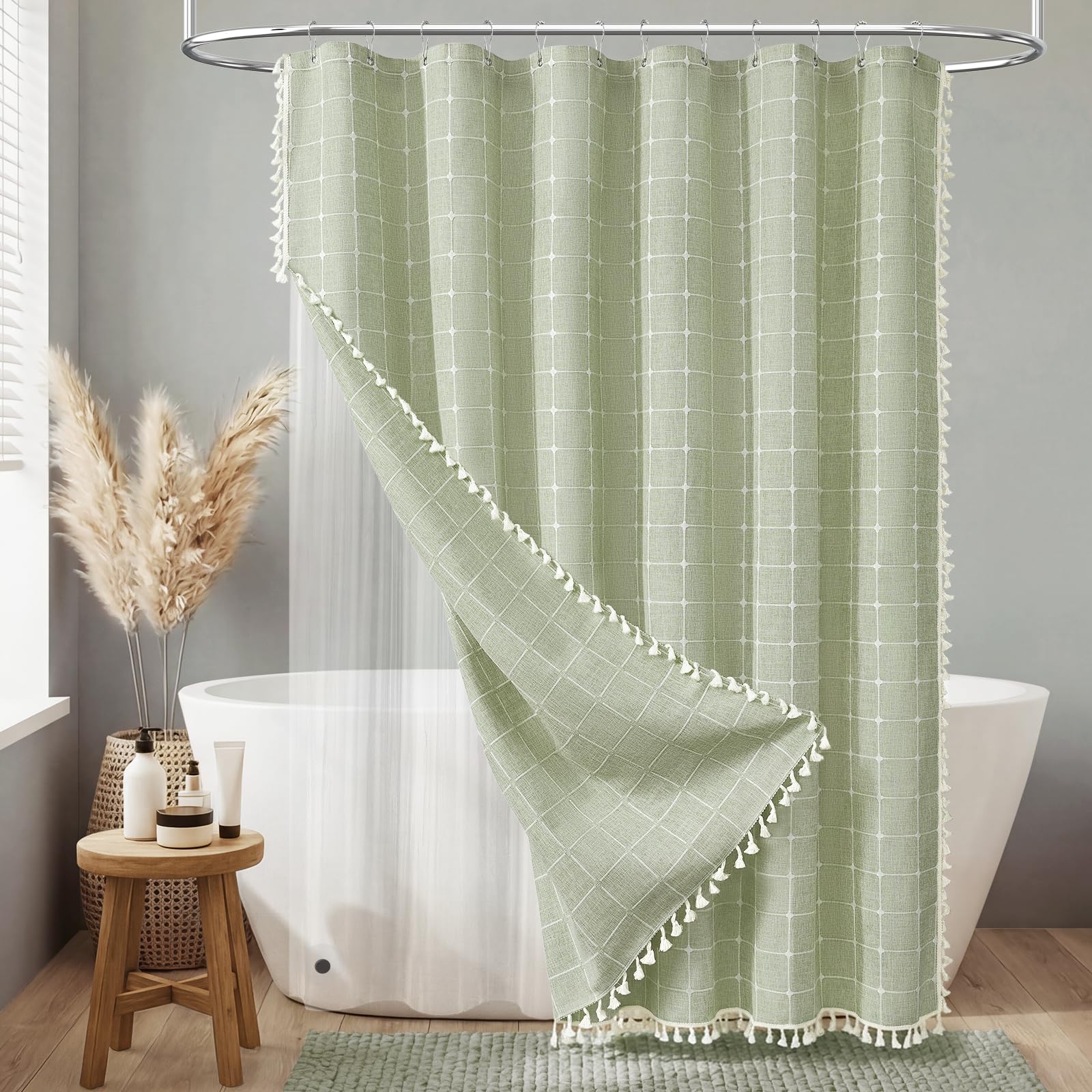 BTTN Sage Green 3-in-1 Linen Heavy Duty Shower Curtain with Liner, 72x72