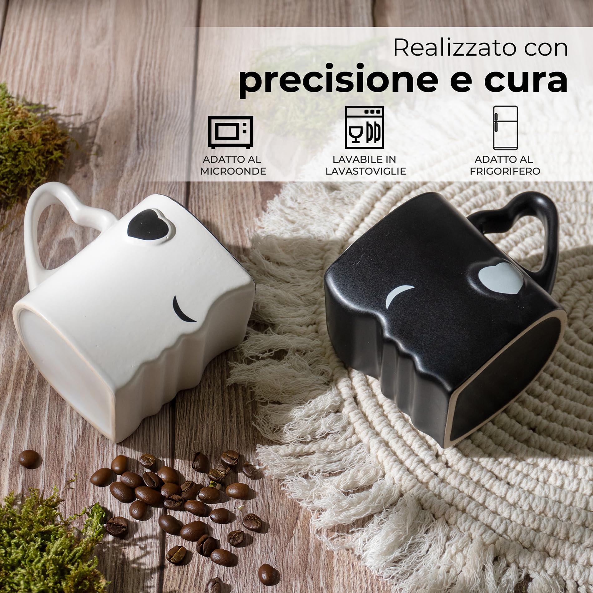 MIAMIO Kissing mugs, Set di tazze da caffè in ceramica, dal design che simula un bacio, in confezione regalo (nero)