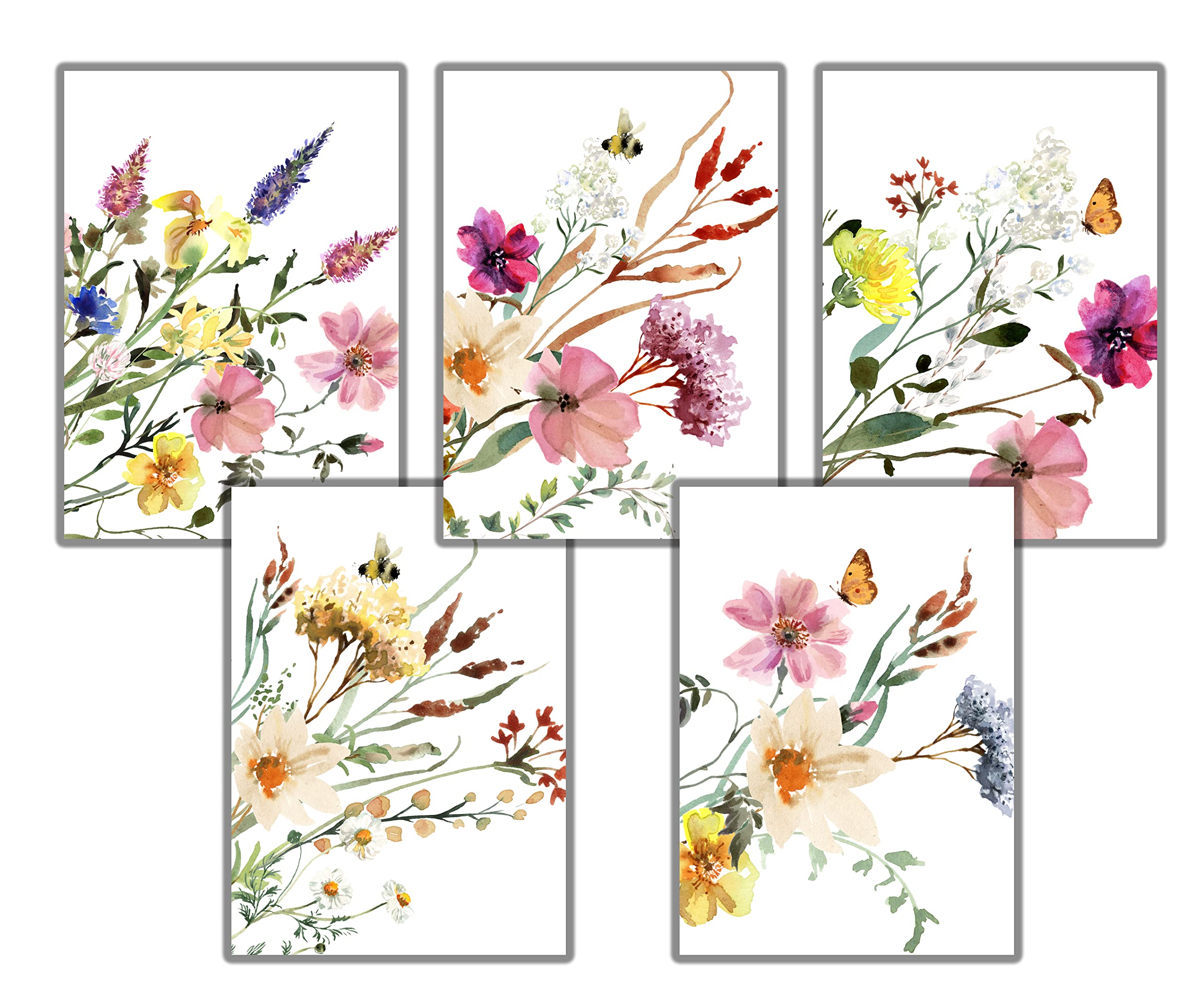 Wildflowers Greeting Cards - Set of 10 All Occasion 5x7 Note Cards with Envelopes. Blank Inside. Watercolor Designs of Wildflower Bouquets