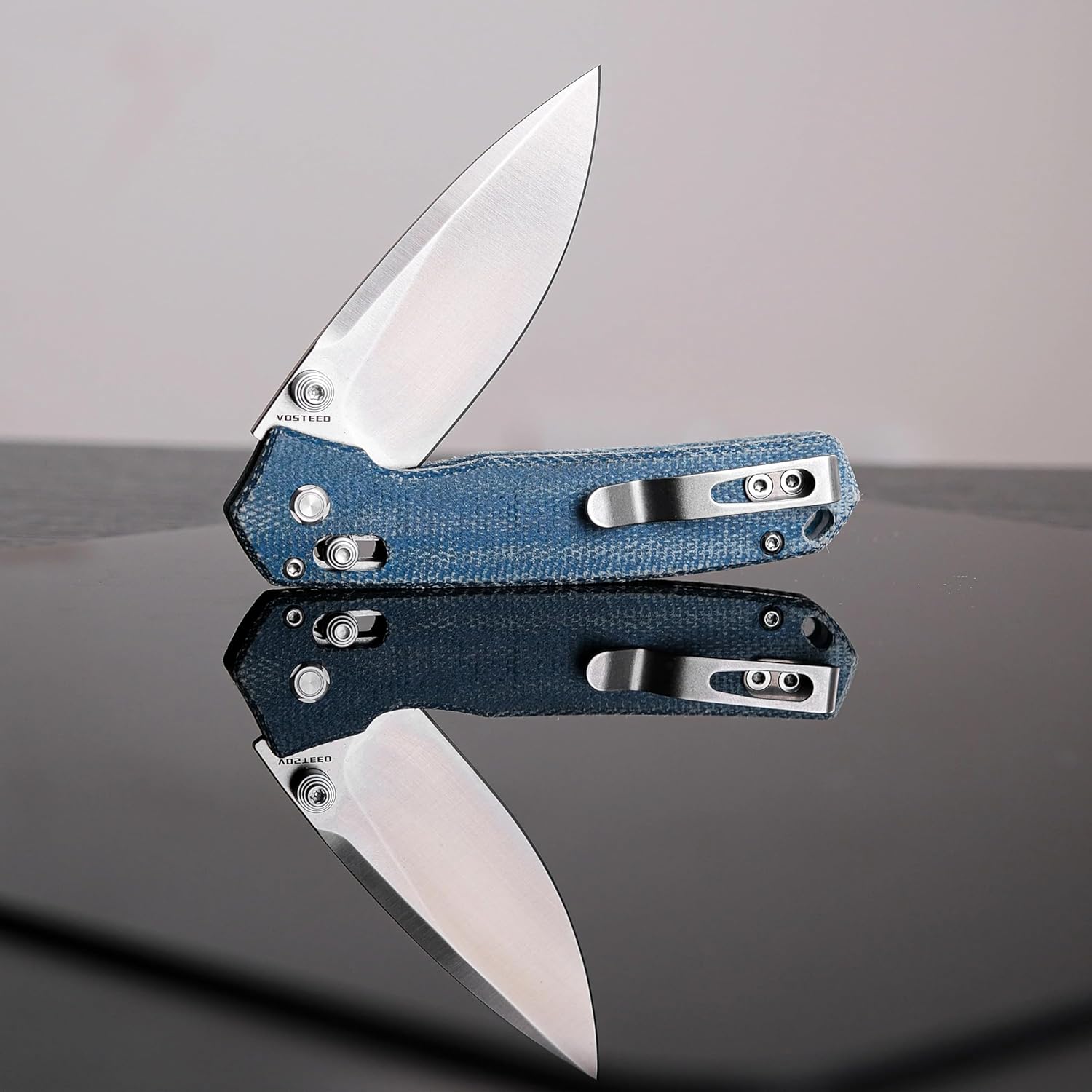 Vosteed EDC Pocket Knife, 2.69" Elmax Satin Blade & Crossbar Lock Norplex UltreX Blue Micarta Handle, Folding Knives for Hiking Fishing - Mini Psyop A2301
