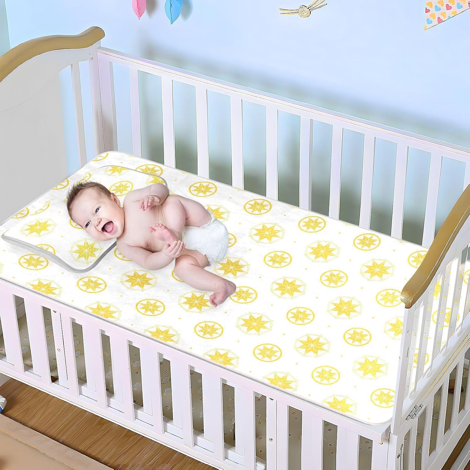 Cooling Baby Mattress Pee Training 28" x 52" Reusable Bright Yellow Star White Crib Padding for Sides for Baby&Toddler