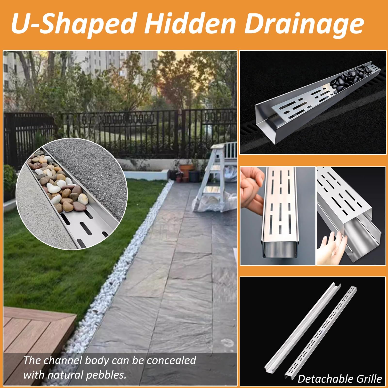 Juego de canaletas de Drenaje estrechas, canaletas Ocultas para Patio y jardín con guijarros, Drenaje de Zanja de Acero Inoxidable para césped y jardín, fácil de Instalar.