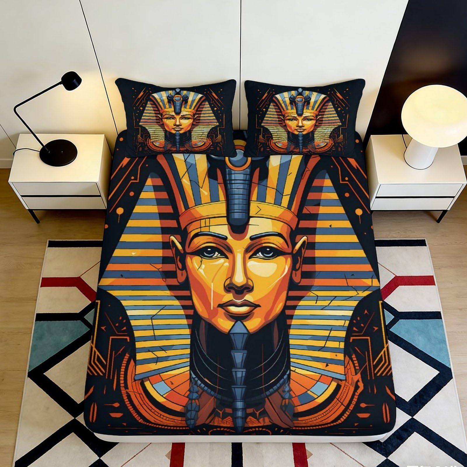 3D Printed Egyptian Pharaoh Fitted Sheet Microfiber Colorful Sphinx Mattress Cover for Bedroom Dorm Decor Protection 90x200x25cm