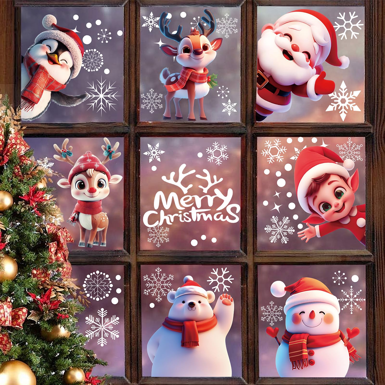 Weihnachts-Fensteraufkleber Set – 8 Blatt Mit Schneeflocken, Weihnachtsmann & Rentier – Statisch Haftend, Wiederverwendbar