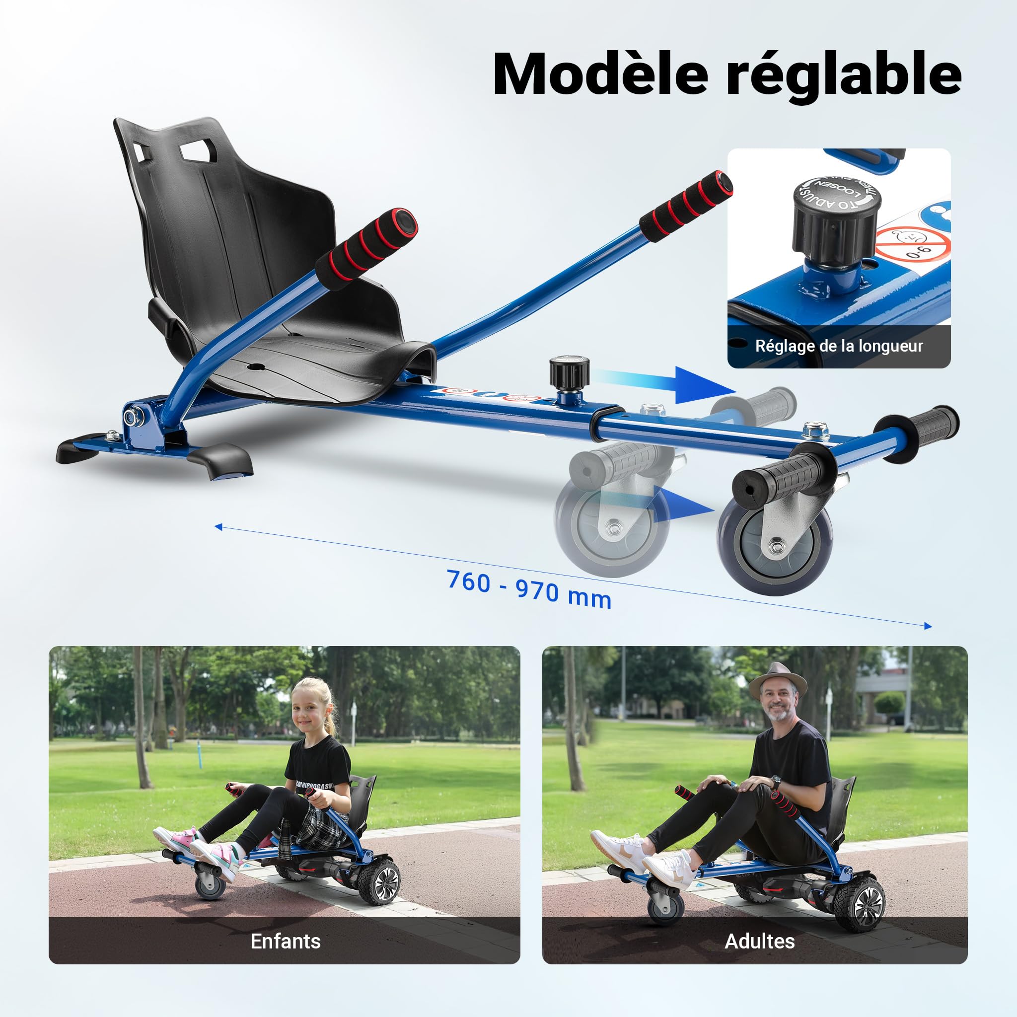 Wiltec Siège de Balance Scooter – Rouge – capacité de 120 kg max. – avec Roulette et Poignées – ajustable pour Adultes et Enfants – Siège de Kart Elektroscooter compatible avec Hoverboard
