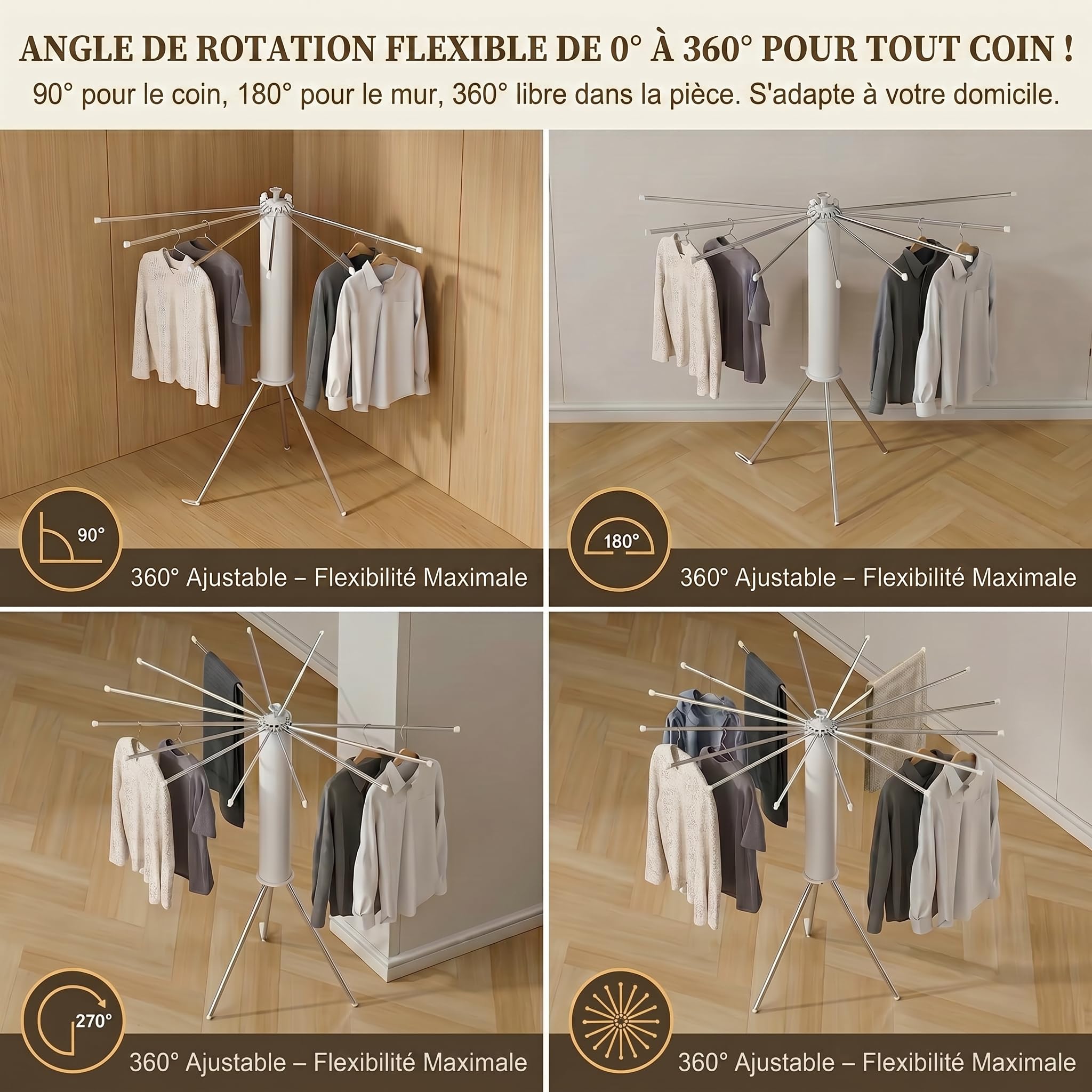 Étendoir à Linge Pliable 360° Pivotant – Séchoir à Linge Intérieur Extérieur Gain de Place avec 16 Bras en Acier Carbone, Étendoir Vertical Extensible pour Balcon, Camping, Buanderie