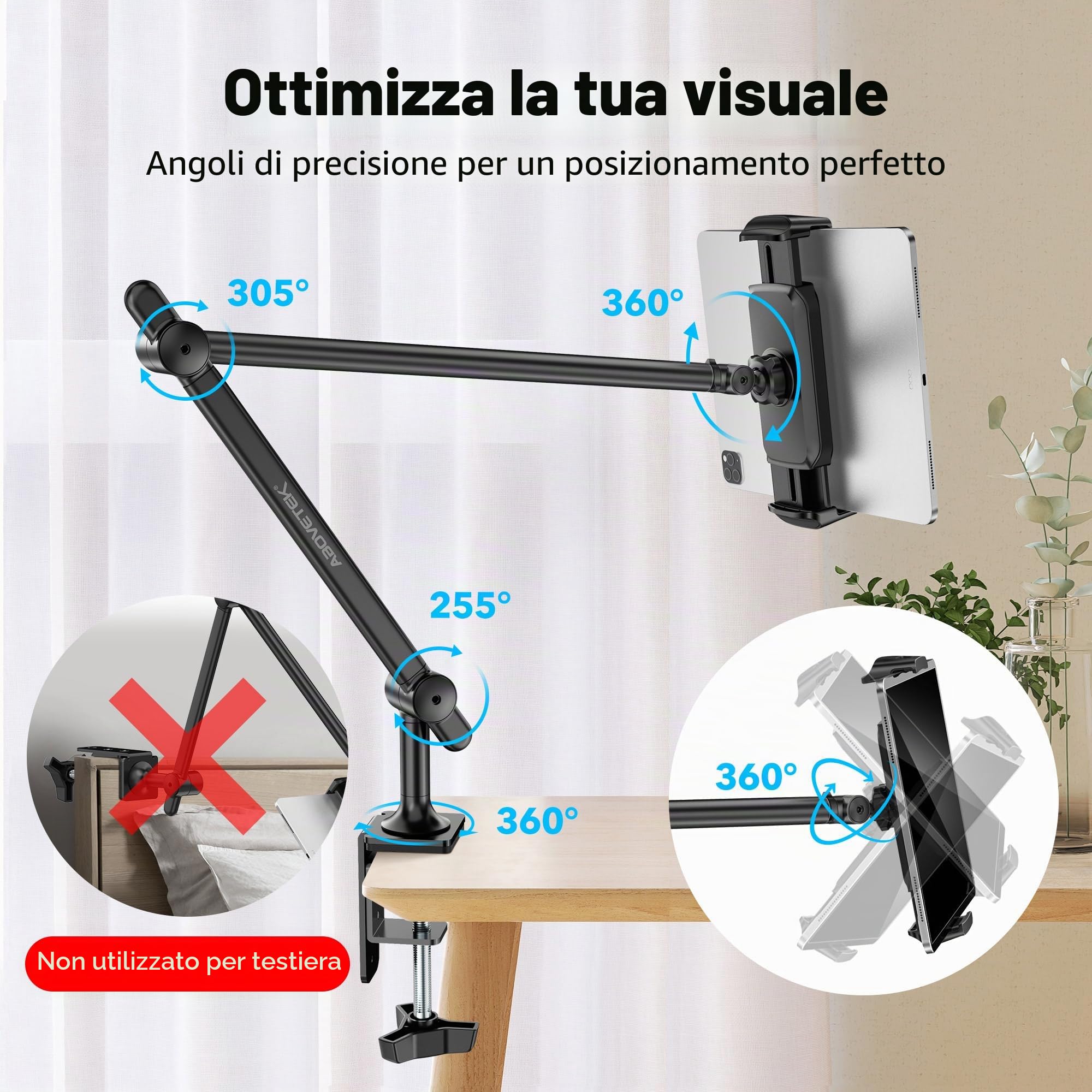 AboveTEK Premium Supporto per Tablet, Supporto per iPad in Alluminio, con Braccio Regolabile e Morsetto, da Scrivania e Letto, con Rotazione a 360°, Compatibile con Dispositivo da 4,7"-13,5" - Nero