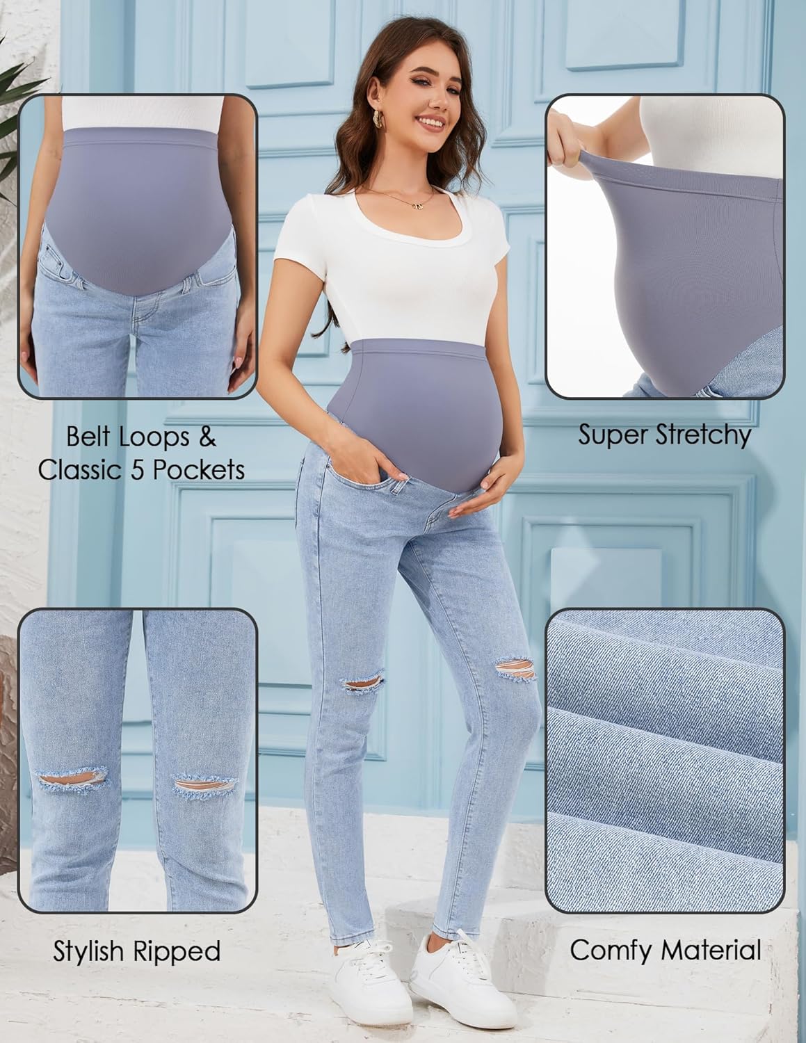 PACBREEZE Women’s Maternity Jeans Over Belly Skinny Stretchy Denim Pants Comfy Slim Pregnancy Pants