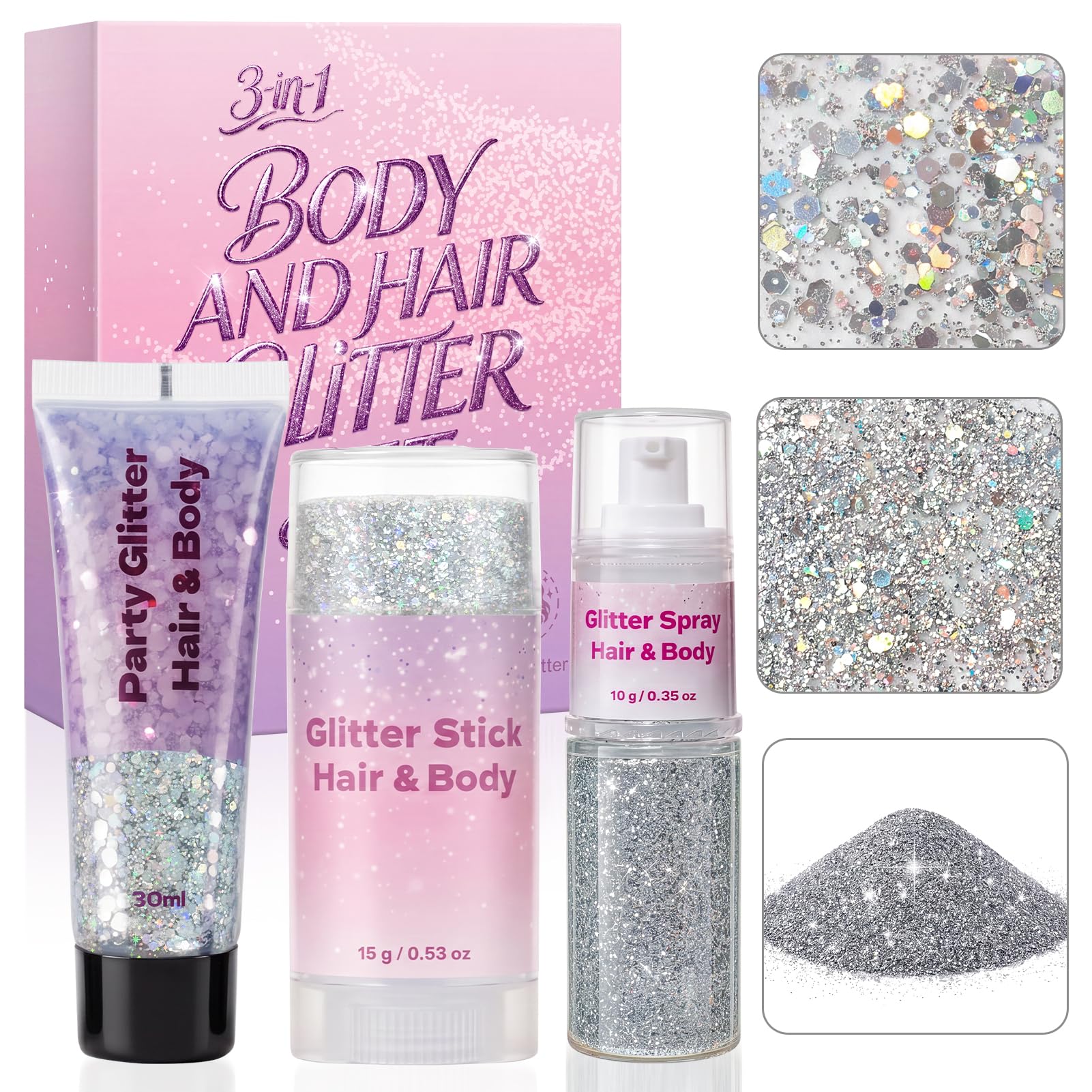 3-in-1 Body Face Hair Glitter Set, Silver Glitter Gel & Glitter Stick & Glitter Spray, Waterproof Women Makeup for Halloween Concert Festival Rave Accessories
