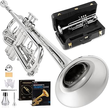AKLOT Hand-Hammered Bell Bb Trumpet Smooth Valve Action, Clear-Lacquered Brass Body, Standard Trumpet Beginner Set with Leather Case, Lesson Book, Trumpet Mute, Mouthpiece, Cleaning Kit SNR-BrzSS