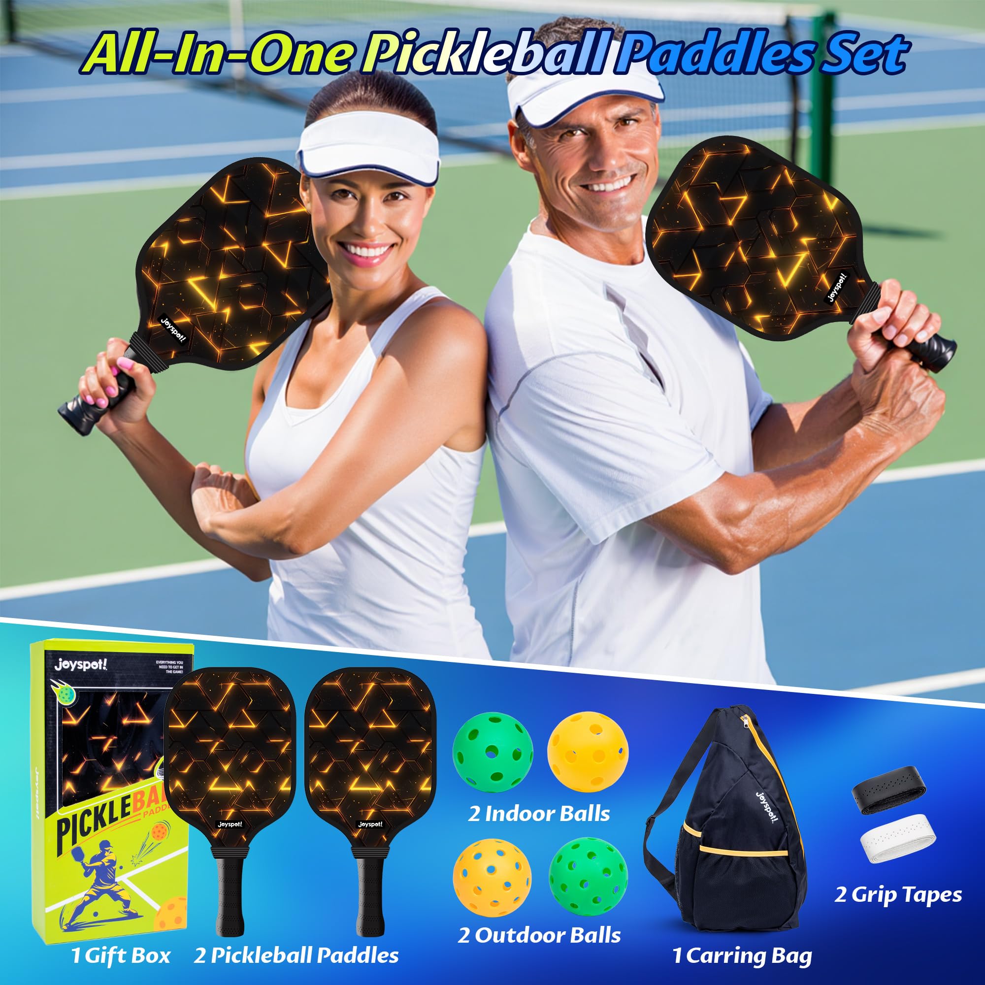 JOY SPOT! Pickleball Schläger 2 Pack mit 4 Bällen und Tragetasche – Leichte Schläger mit Fiberglas-Oberfläche für Männer, Frauen und Anfänger – Perfekt für das Spielen im Innen- und Außenbereich