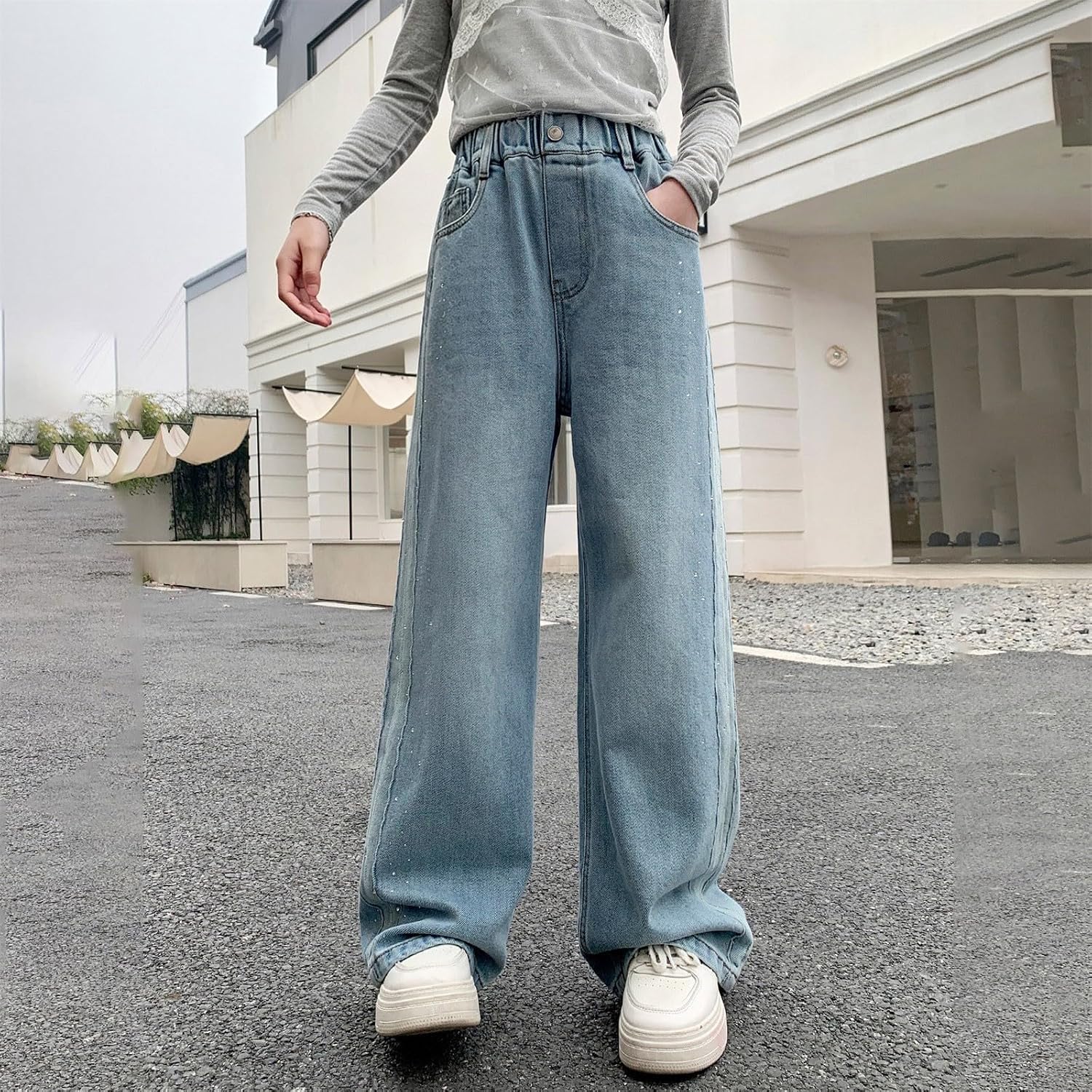 Baggy Jeans for Girls Cute Rhinestones Elastic High Waist Y2k Denim Pants